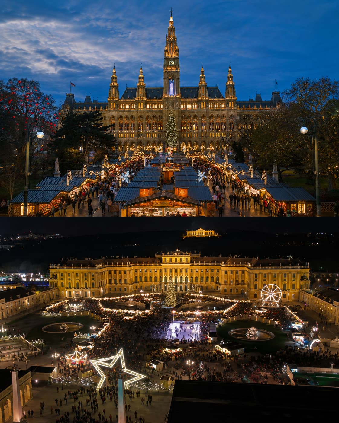 Vienna Rathausplatz Christmas market with Gothic City Hall and Vienna Schonbrunn Palace Christmas market aerial view — when do Christmas markets start in Europe Austria 2026