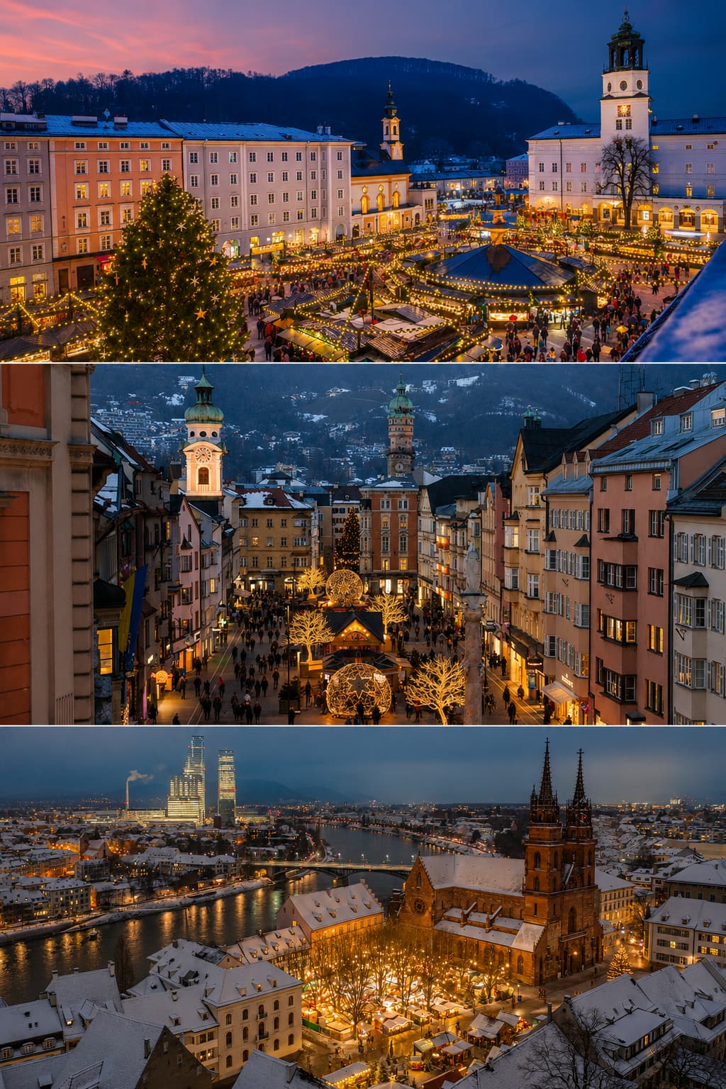 Salzburg Innsbruck and Basel Christmas markets collage — European Christmas market dates Austria and Switzerland 2026