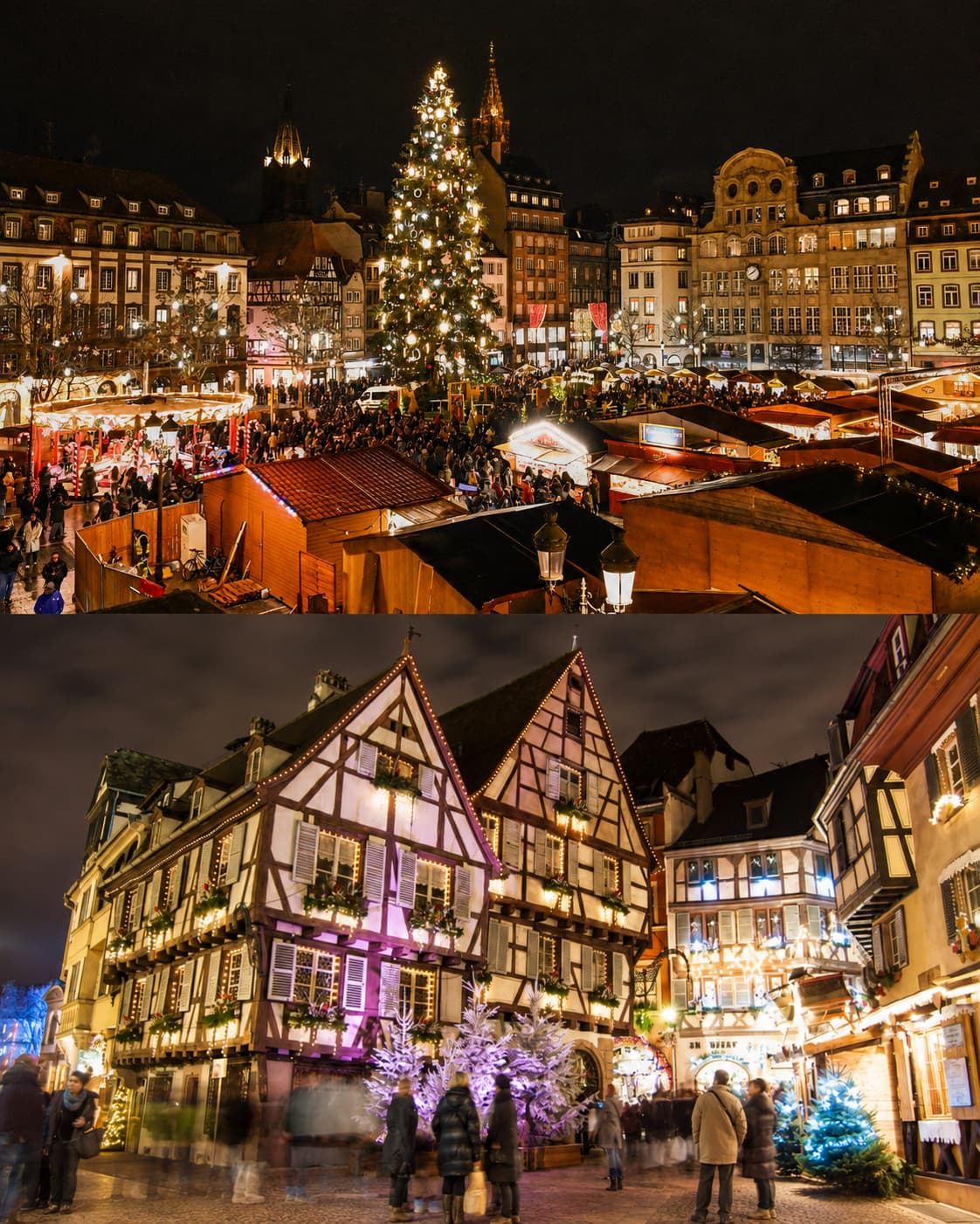 Strasbourg Christmas market Place Kleber with grand tree and Colmar half-timbered houses lit for the festive season — France European Christmas market dates 2026