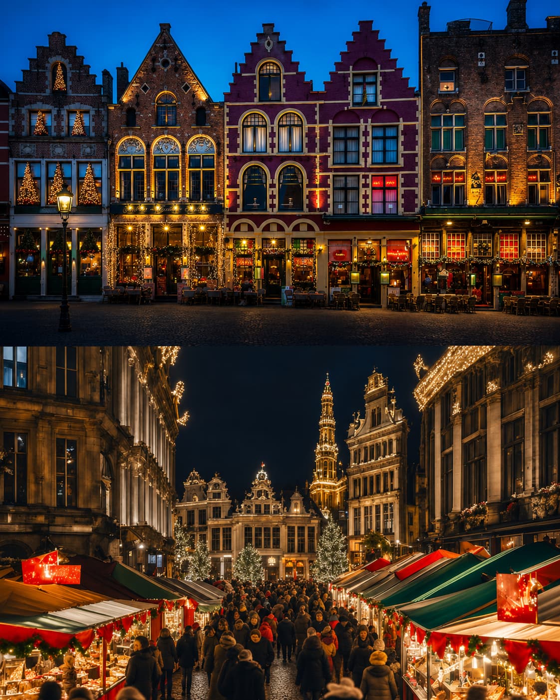 Bruges Grote Markt Christmas market Flemish facades and Brussels Grand Place Christmas market with crowds — Belgium European Christmas markets open November 2026
