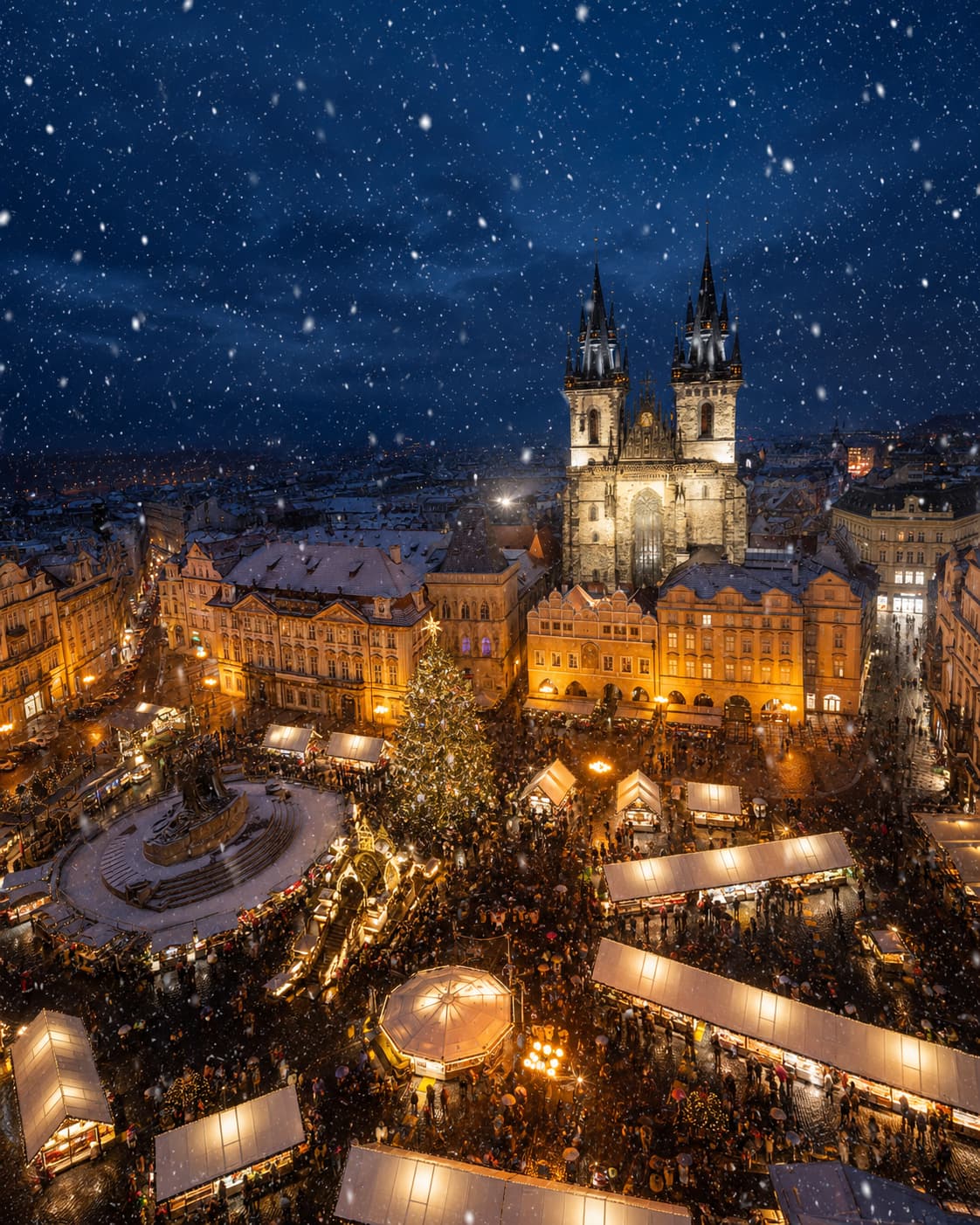 Prague Old Town Square Christmas market in snowfall with Tyn Church Gothic spires — when do Christmas markets start in Europe Czech Republic Prague opens late November 2026