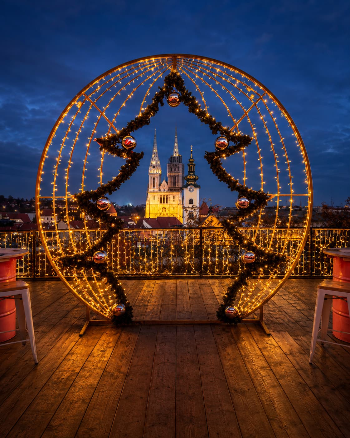 Zagreb Advent star decoration framing Zagreb Cathedral lit up at night — European Christmas market Croatia open until January 2027