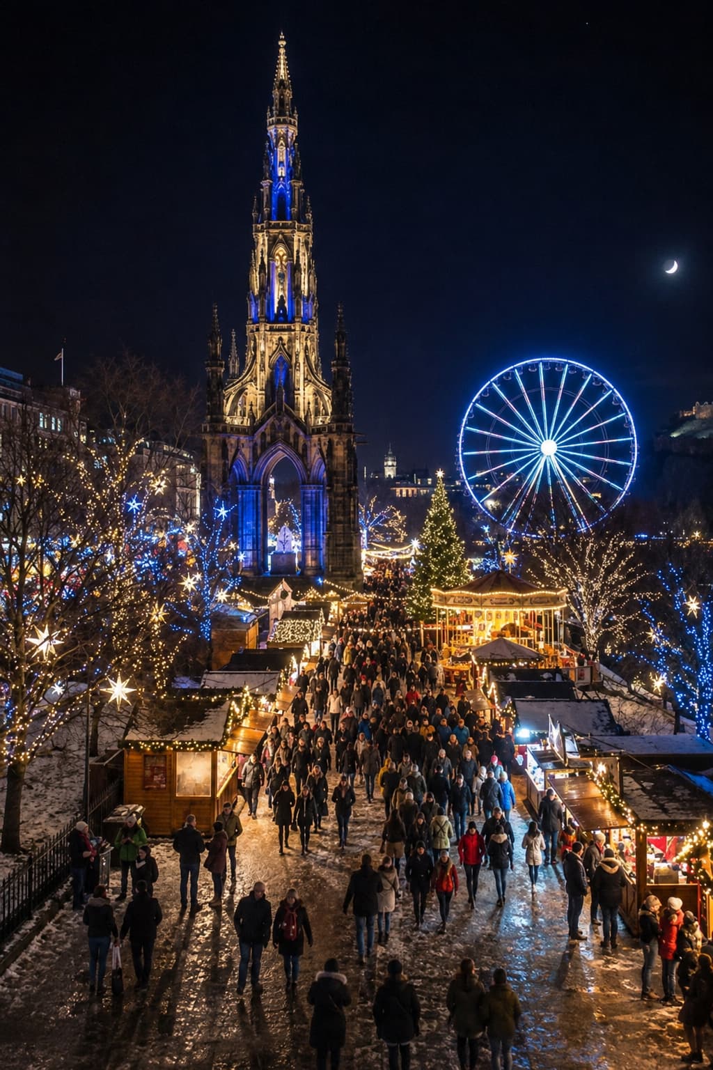 Edinburgh Christmas market in Princes Street Gardens at night with Scott Monument and Ferris wheel — European Christmas markets UK Scotland open November to January 2027
