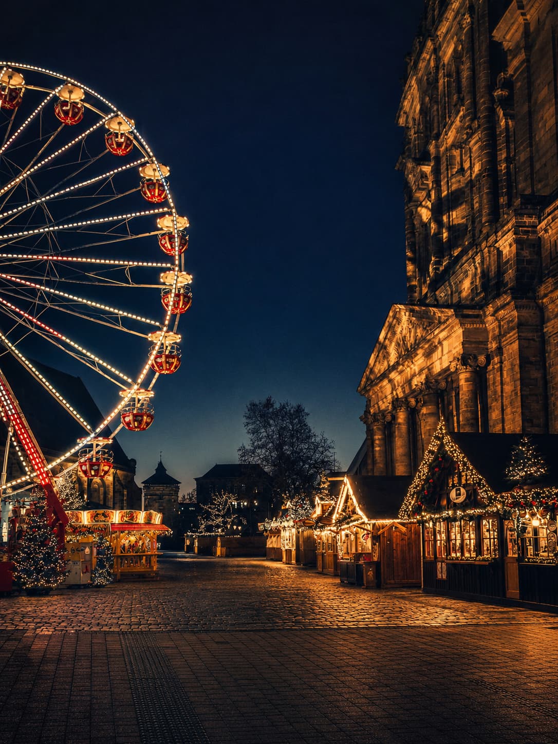 Christmas market ferris wheel and wooden stalls beside a stone cathedral at night — European Christmas market dates Germany