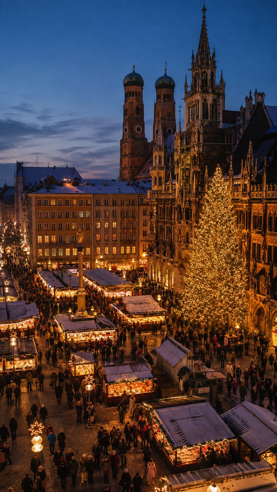 Munich Marienplatz Christmas market aerial view at dusk — when do Christmas markets start in Europe Germany Munich opens 20 November 2026