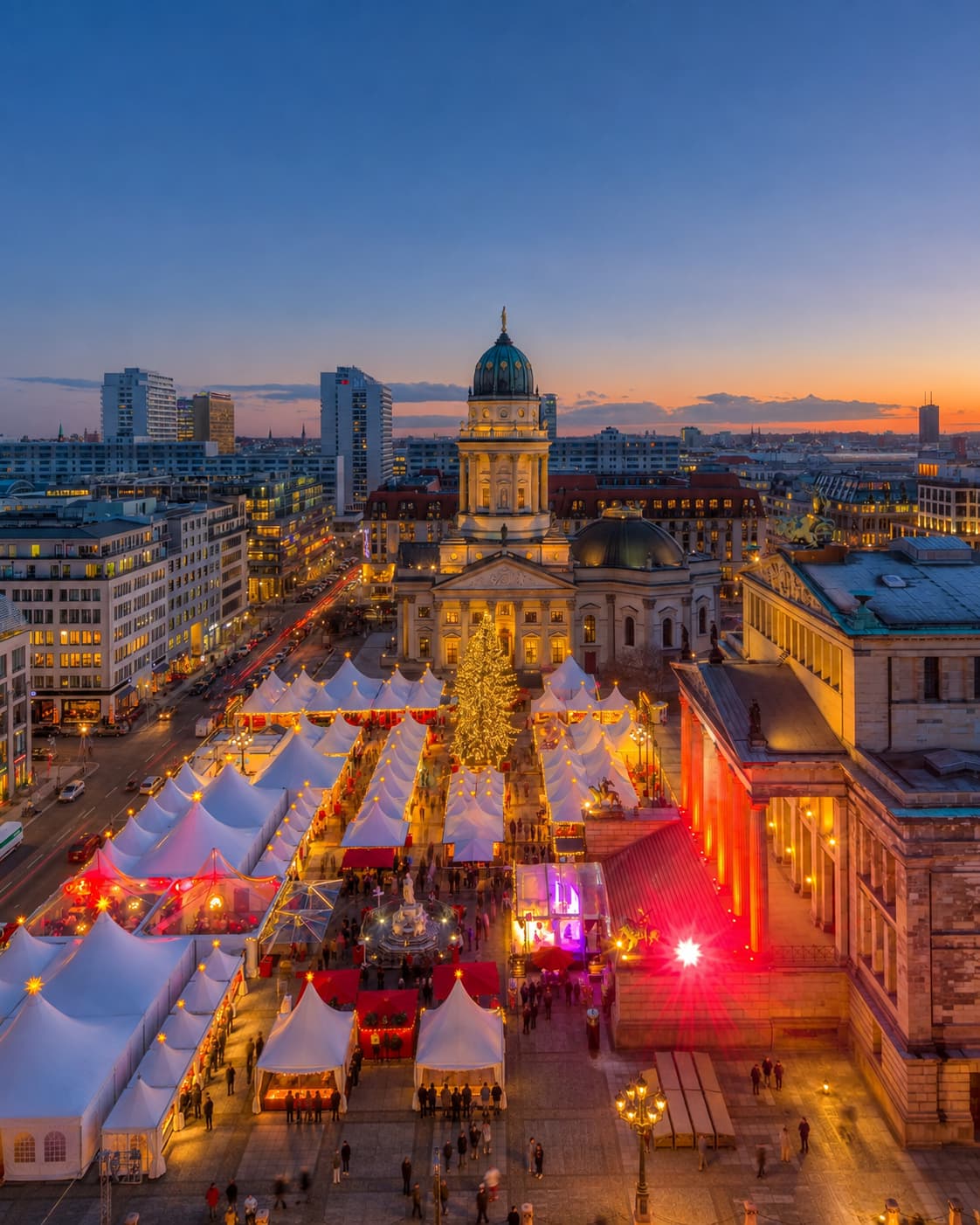 Berlin Gendarmenmarkt Christmas market aerial view at sunset with white tents and the German Cathedral — European Christmas markets Germany 2026