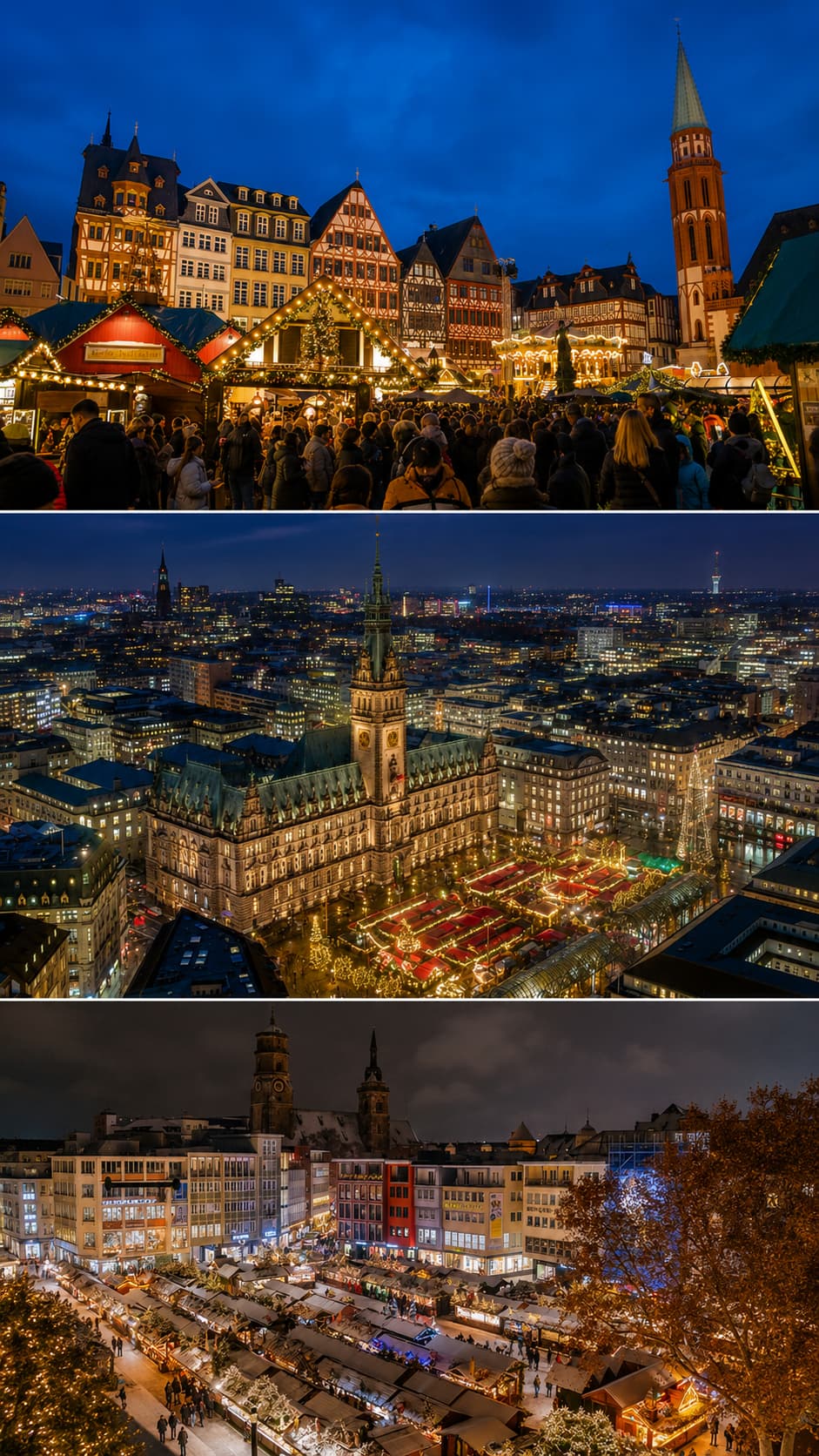 Frankfurt Romerberg Christmas market Hamburg Rathaus and Stuttgart Schlossplatz markets collage — German Christmas market opening dates 2026