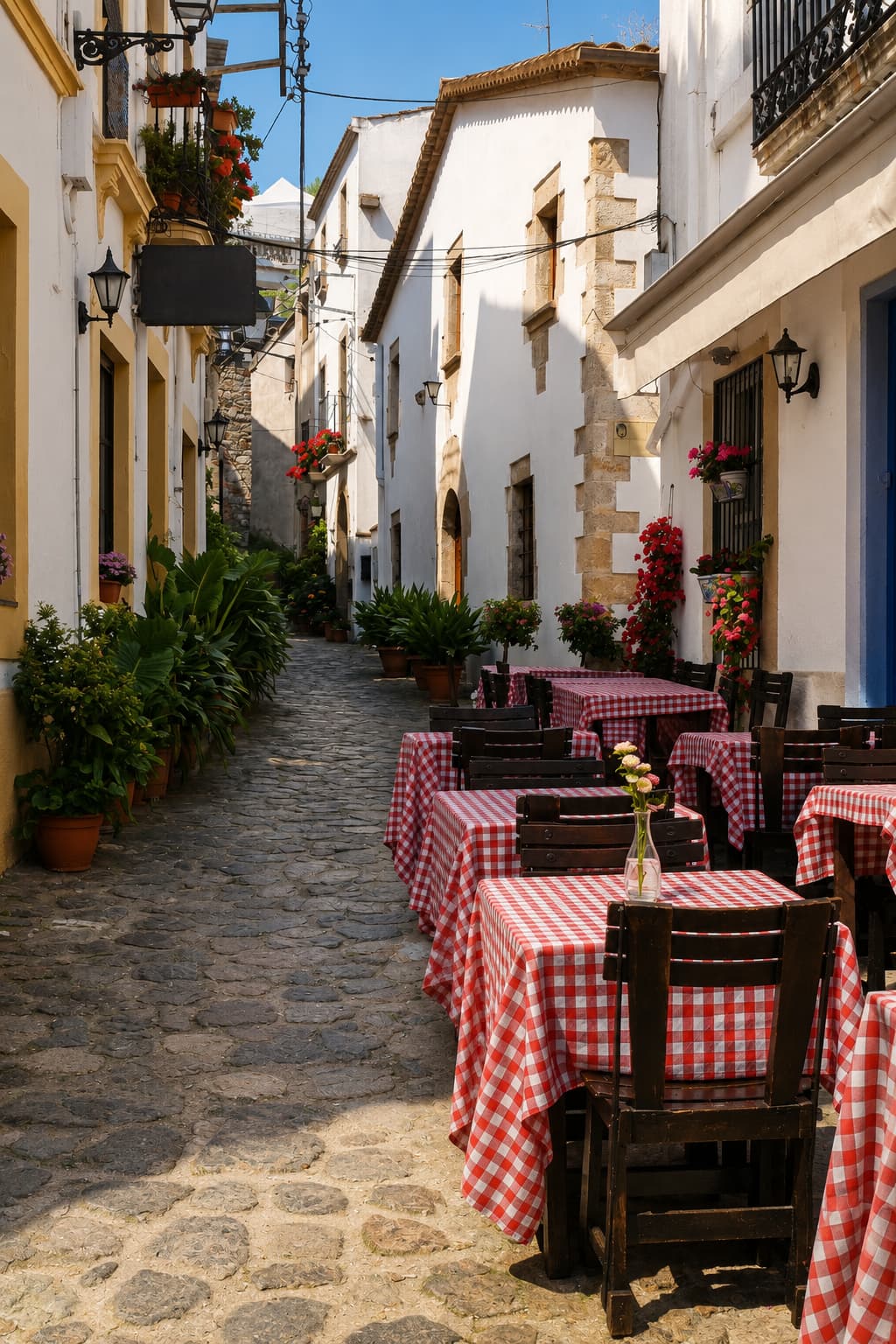 Cobblestone alley with outdoor restaurant tables in a sun-lit Spanish old town — a couples trip idea that combines food and wandering
