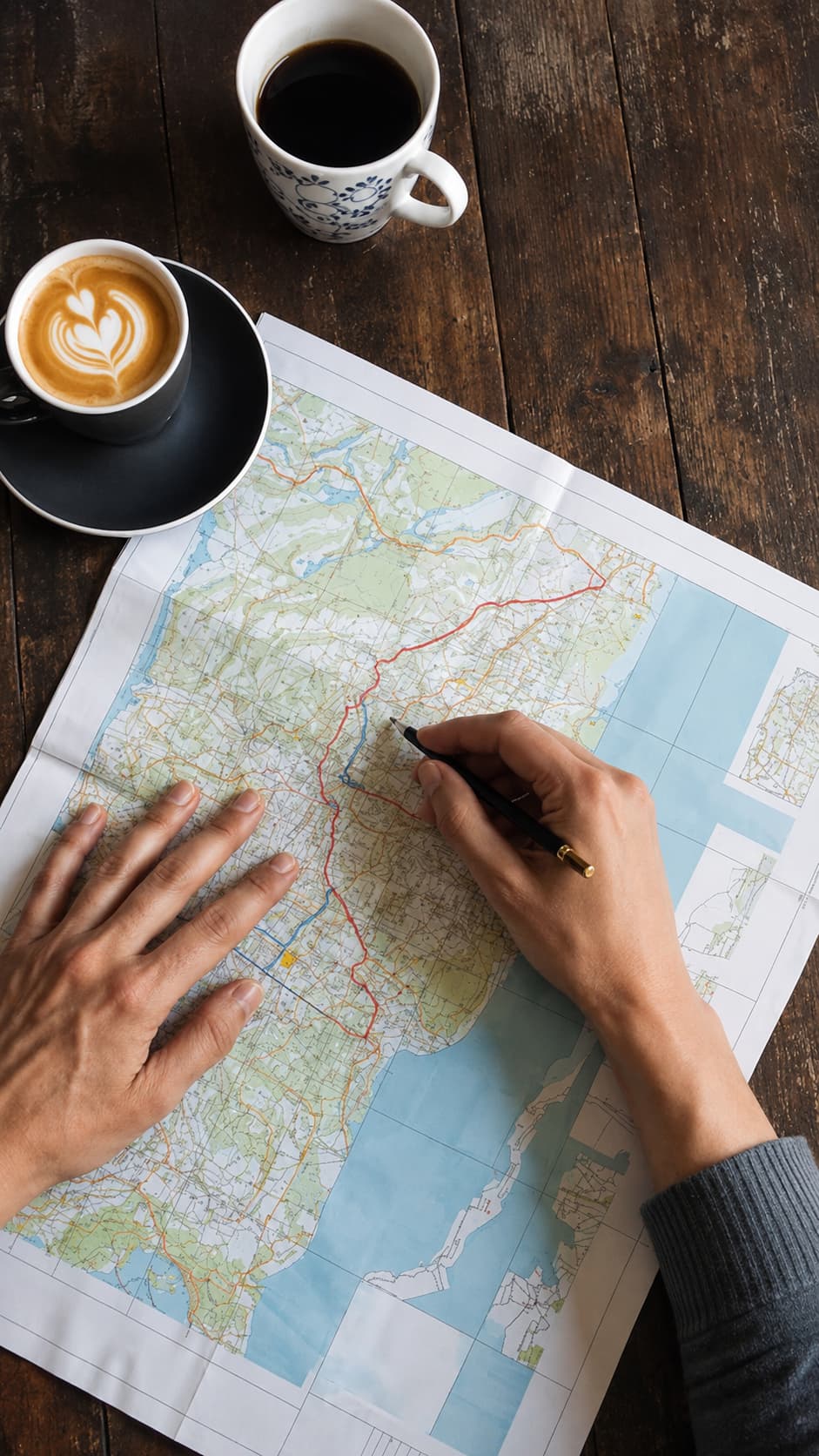 Two hands planning a route on a paper map with two cups of coffee — couples trip planning from both sides of the table