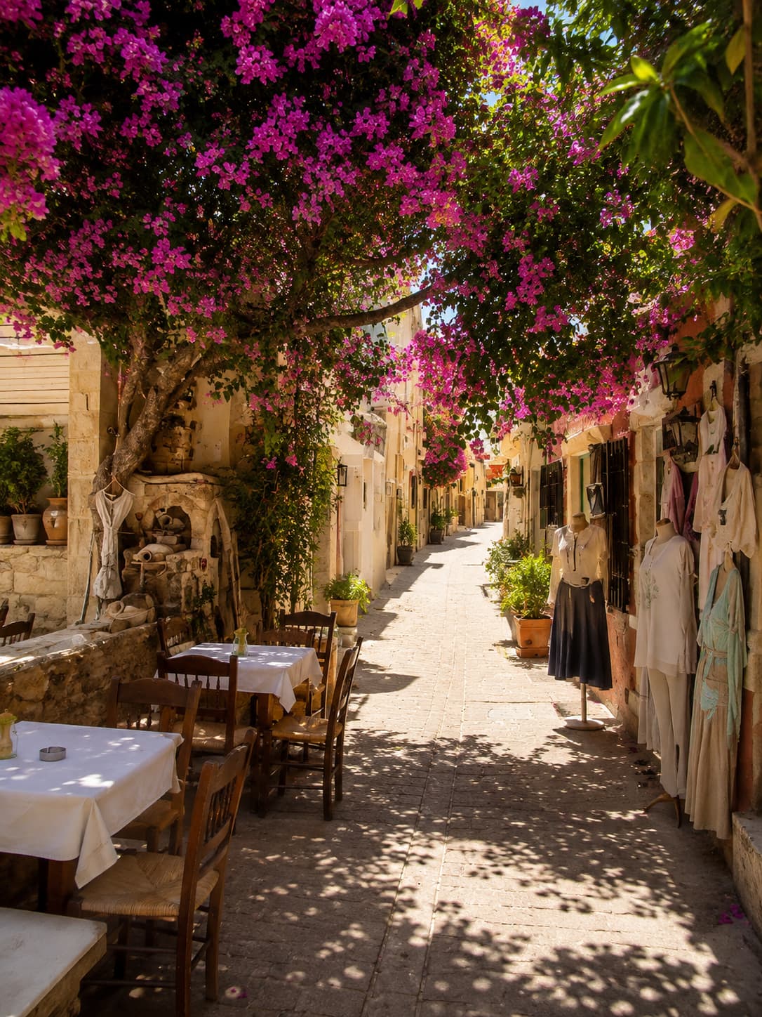 Narrow old town alley in Rethymno Crete with bougainvillea overhead, taverna tables in the shade, quiet streets in October