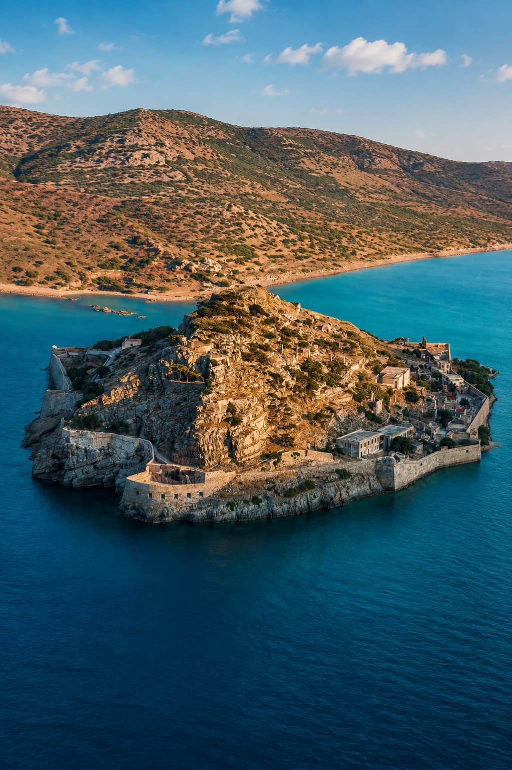 Aerial view of Spinalonga island fortress in Crete in October, surrounded by deep turquoise sea
