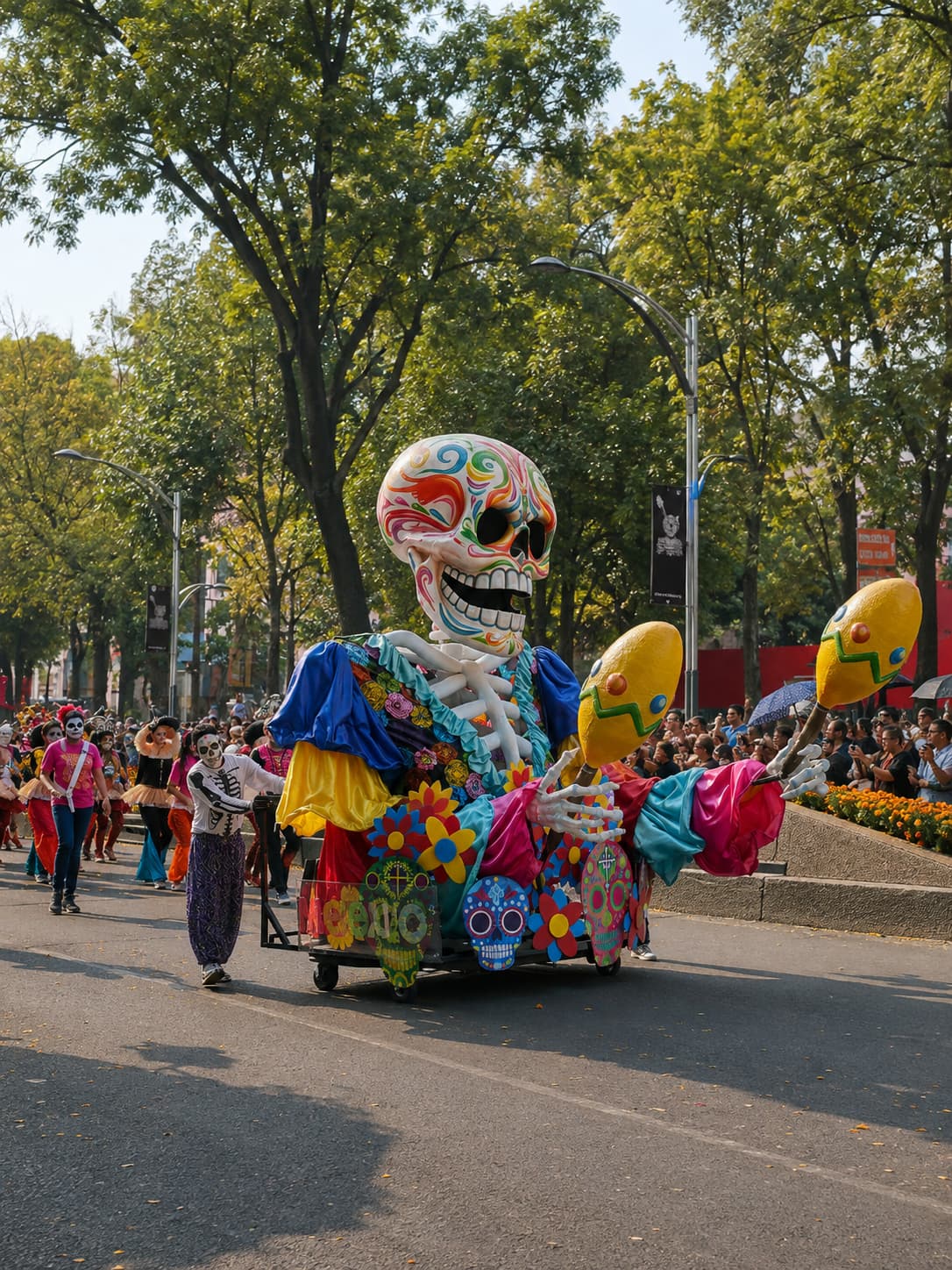Colourful giant skeleton float at the Day of the Dead parade Mexico City, marigolds and crowd lining Paseo de la Reforma