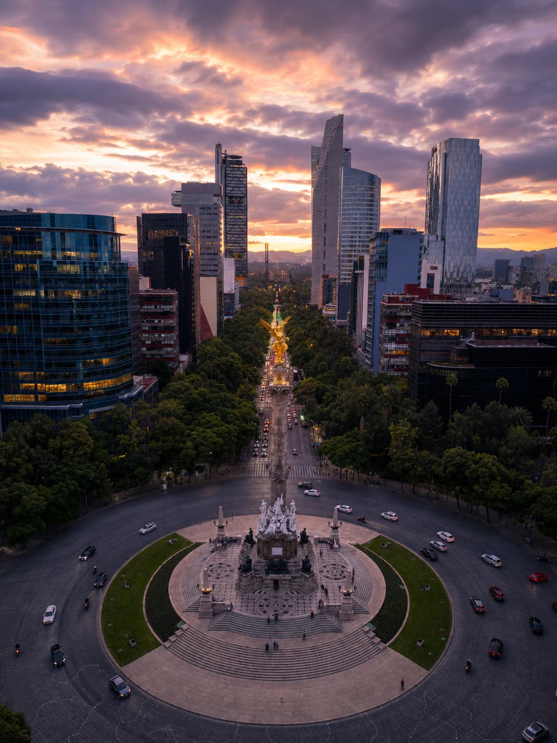 Aerial sunset view of Paseo de la Reforma and Ángel de la Independencia, Mexico City — the heart of the Day of the Dead parade route