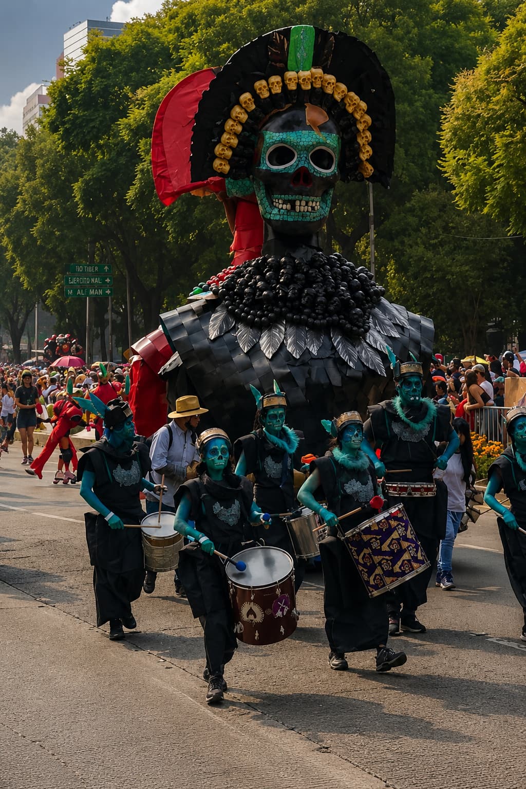 Aztec-themed giant skull figure with teal-painted drummers marching at the Day of the Dead parade in Mexico City
