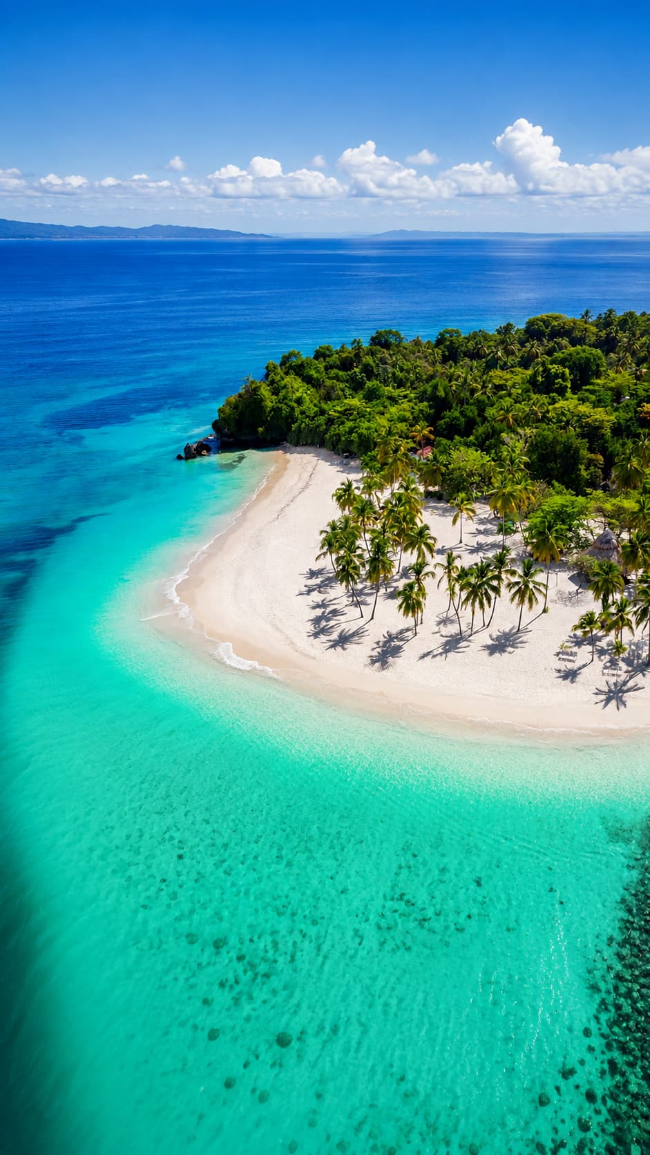 Aerial view of a tropical island with white sand, palm trees and turquoise Caribbean sea — warm place to go in December or early January
