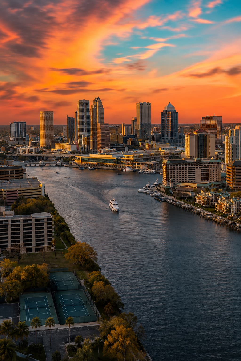 Tampa Florida skyline at sunset over the Hillsborough River — warm December travel destination in the US