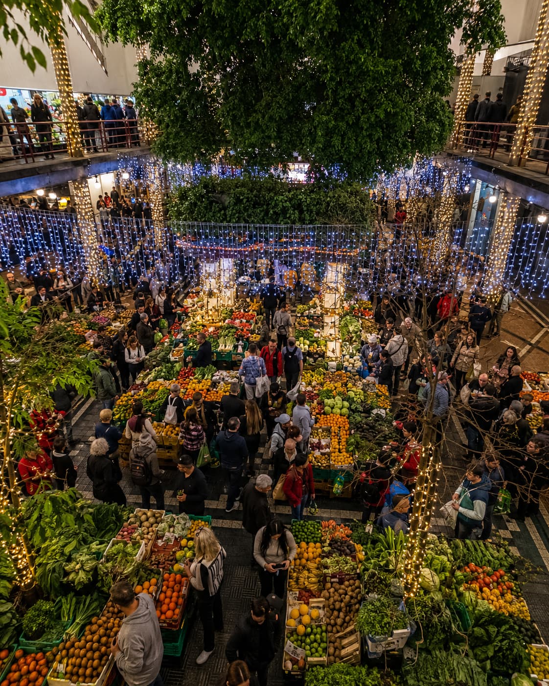 Funchal market in Madeira decorated with Christmas lights — warm December alternative to Caribbean travel
