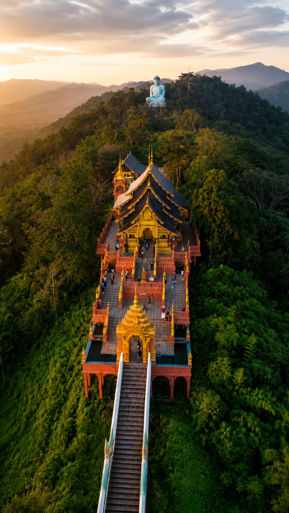 Hilltop Buddhist temple in Chiang Mai northern Thailand at golden sunset — warm December destination in Southeast Asia