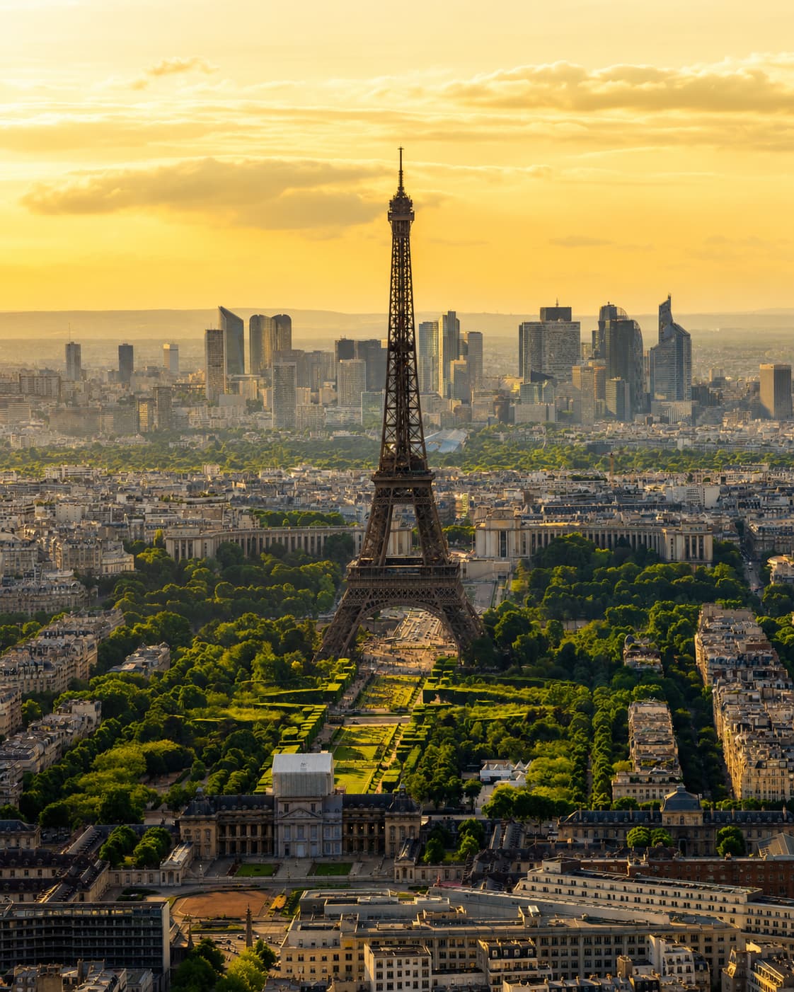 Aerial view of the Eiffel Tower over Paris at golden sunset — Paris in November is one of Europe's quietest and most affordable city breaks
