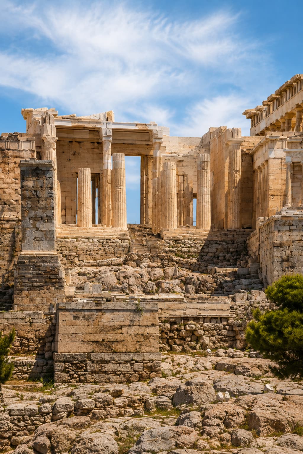 The Propylaea gateway of the Acropolis in Athens under a clear blue sky — Athens in November is one of the most comfortable European destinations for history walks