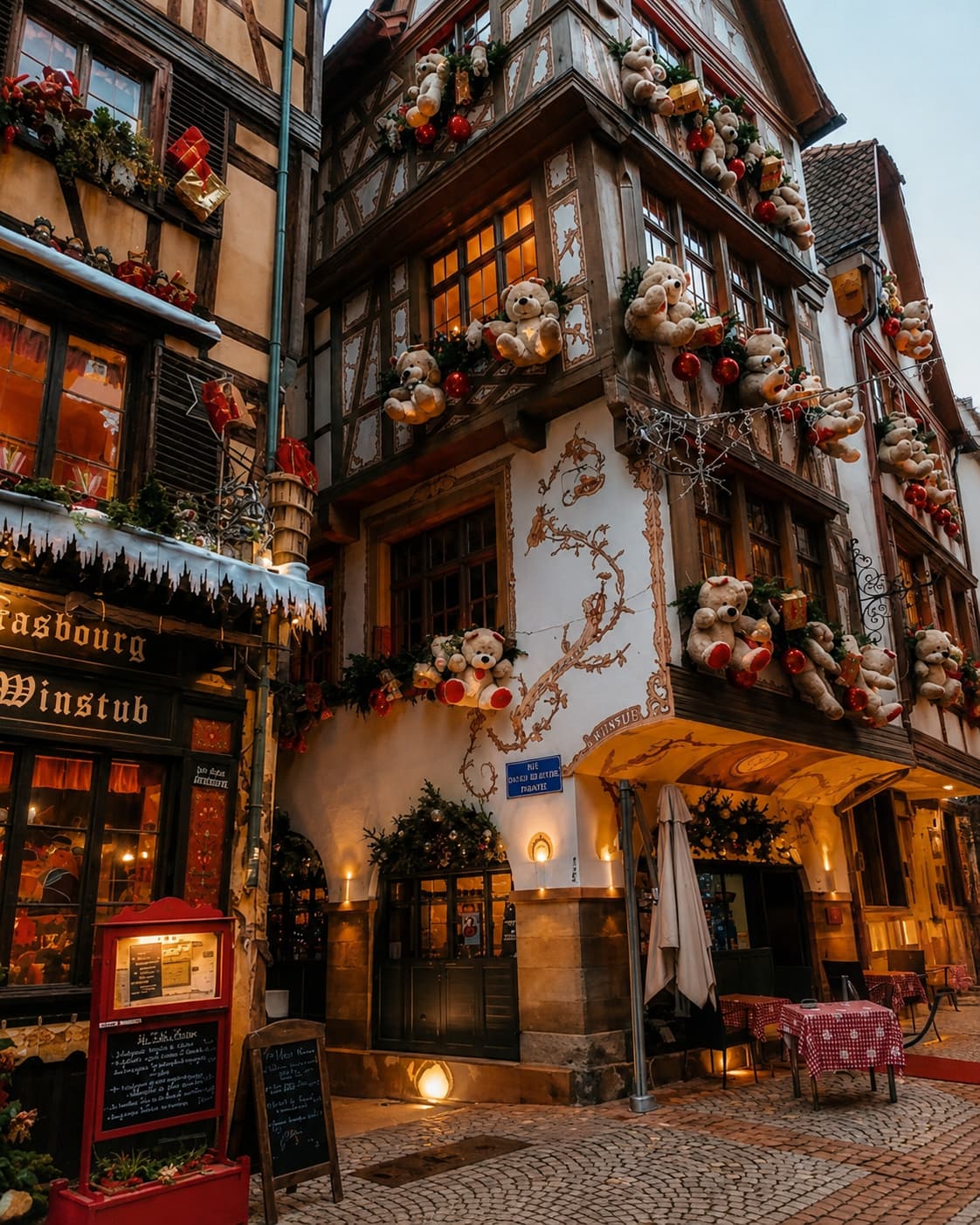 A half-timbered building in Strasbourg's old town covered in teddy bear Christmas decorations at dusk — Strasbourg in late November is one of the most atmospheric European destinations