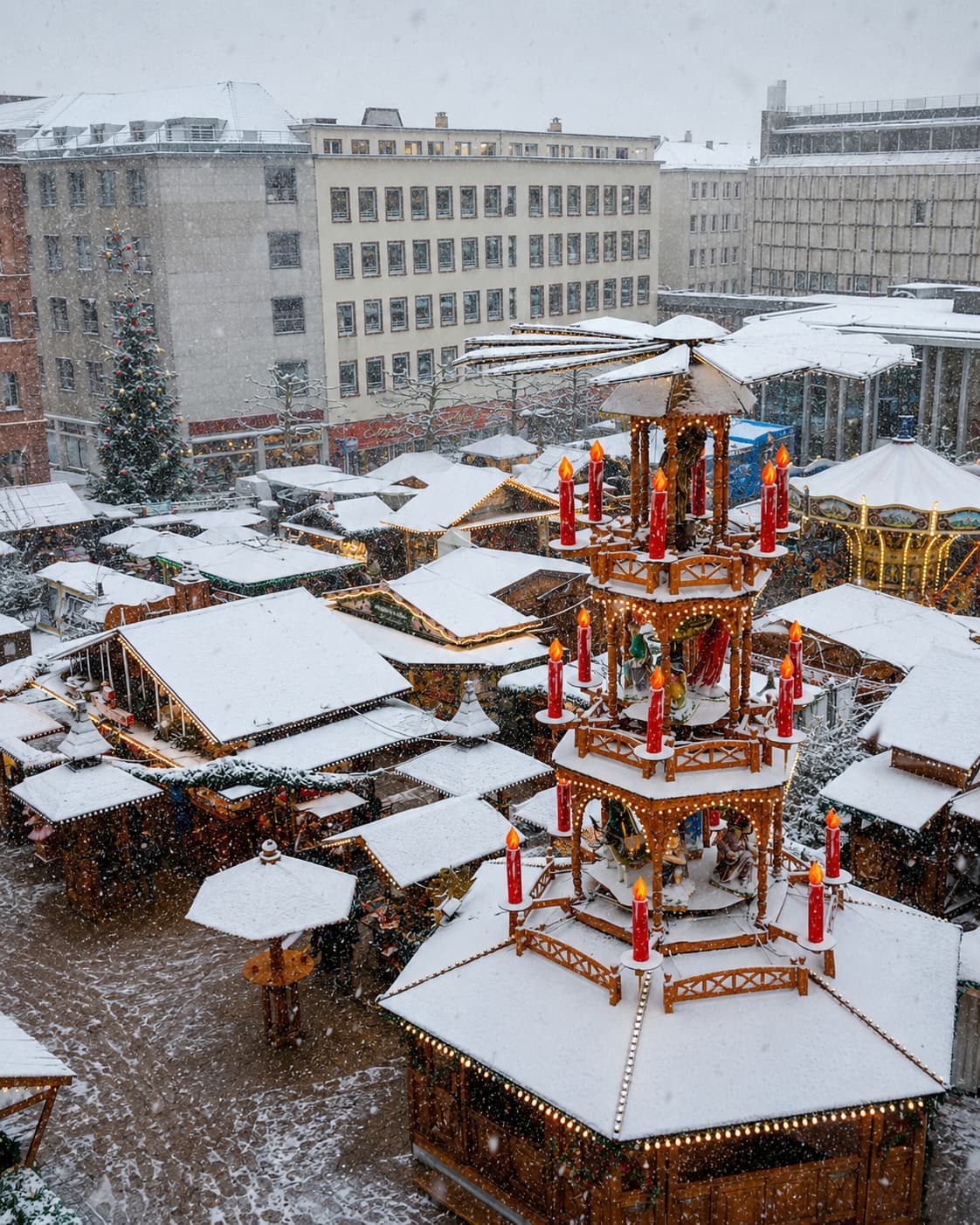 germany austria christmas markets — aerial view of a snow-covered German market with traditional wooden pyramid and red candles