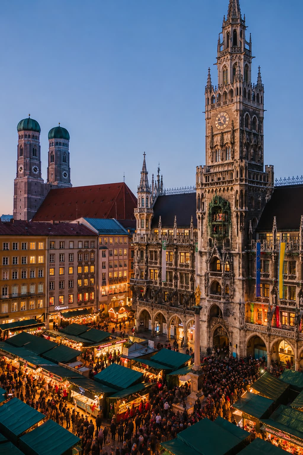 germany austria christmas markets comparison — Munich Marienplatz Christmas market at dusk with Neues Rathaus and Frauenkirche behind