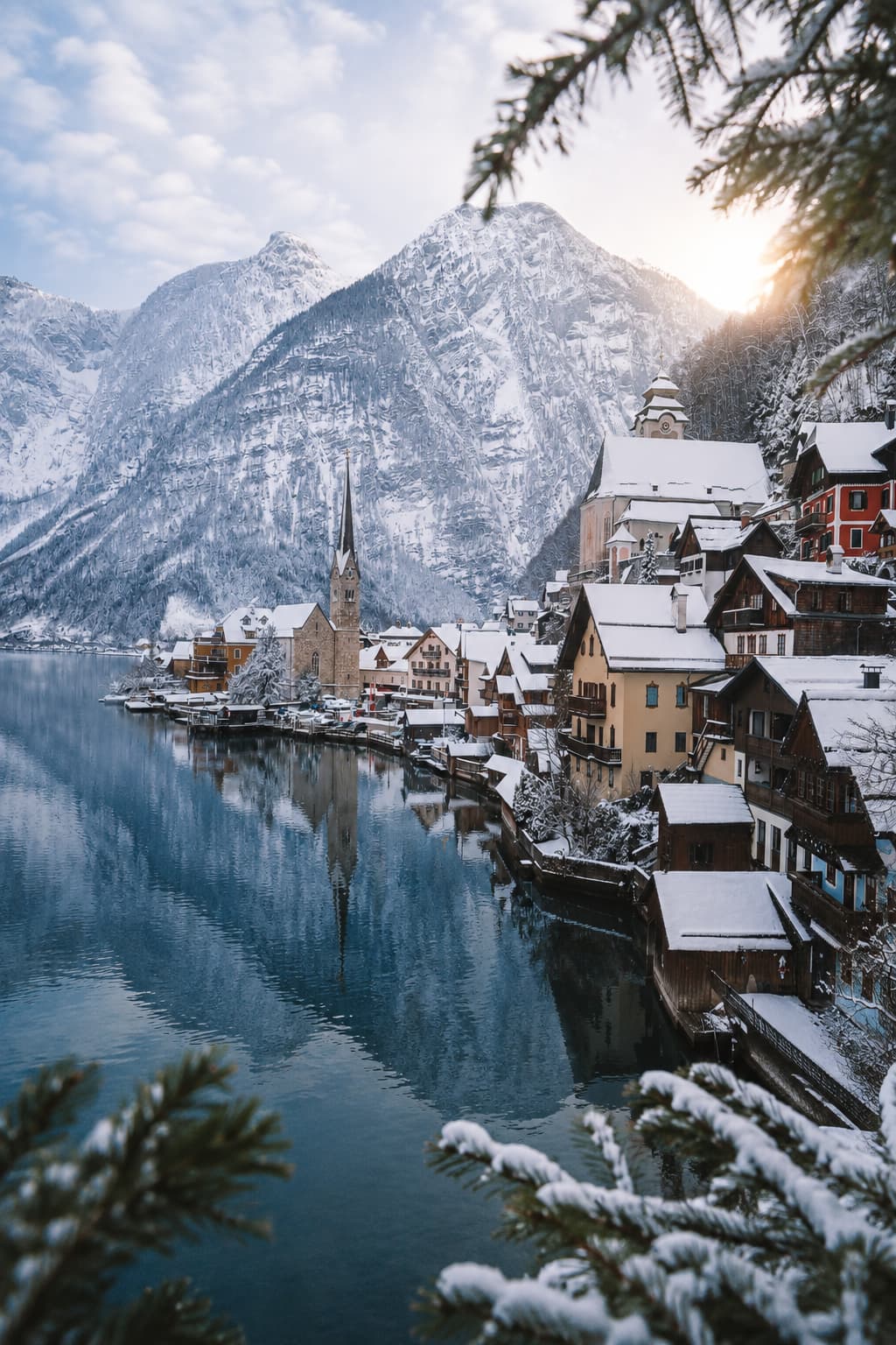 Hallstatt Austria in winter — snow-covered lakeside village reflected in still water, Austria christmas markets region