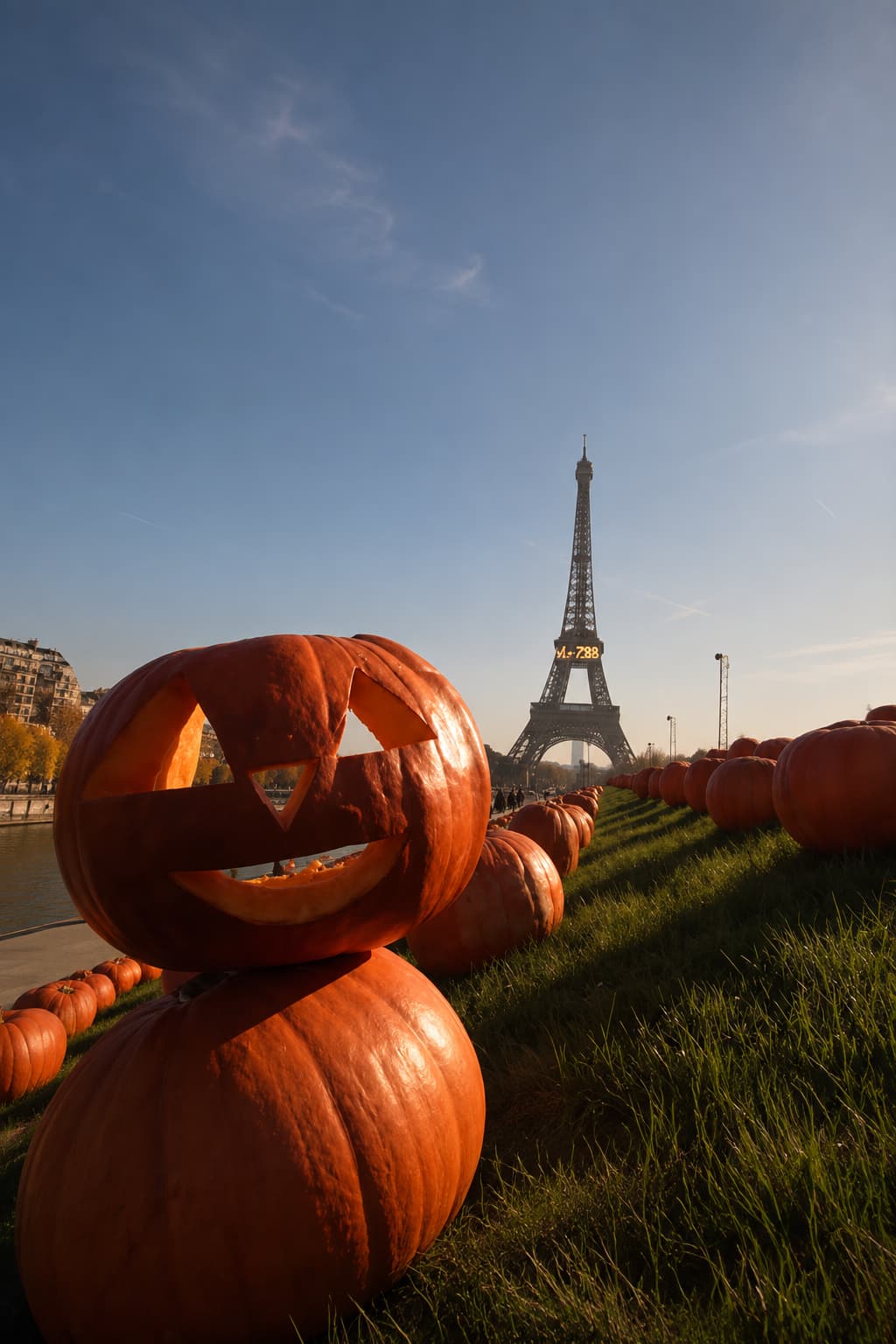 Rows of carved jack-o-lantern pumpkins lined up along the Seine in Paris with the Eiffel Tower rising behind them in autumn light