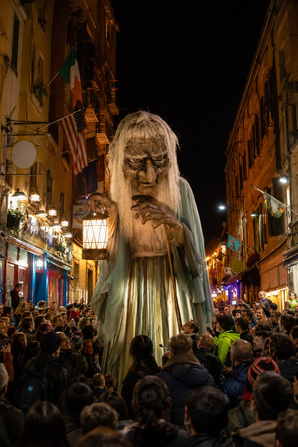 The Macnas giant witch puppet towering over crowds in a narrow Galway street at night during the Halloween parade