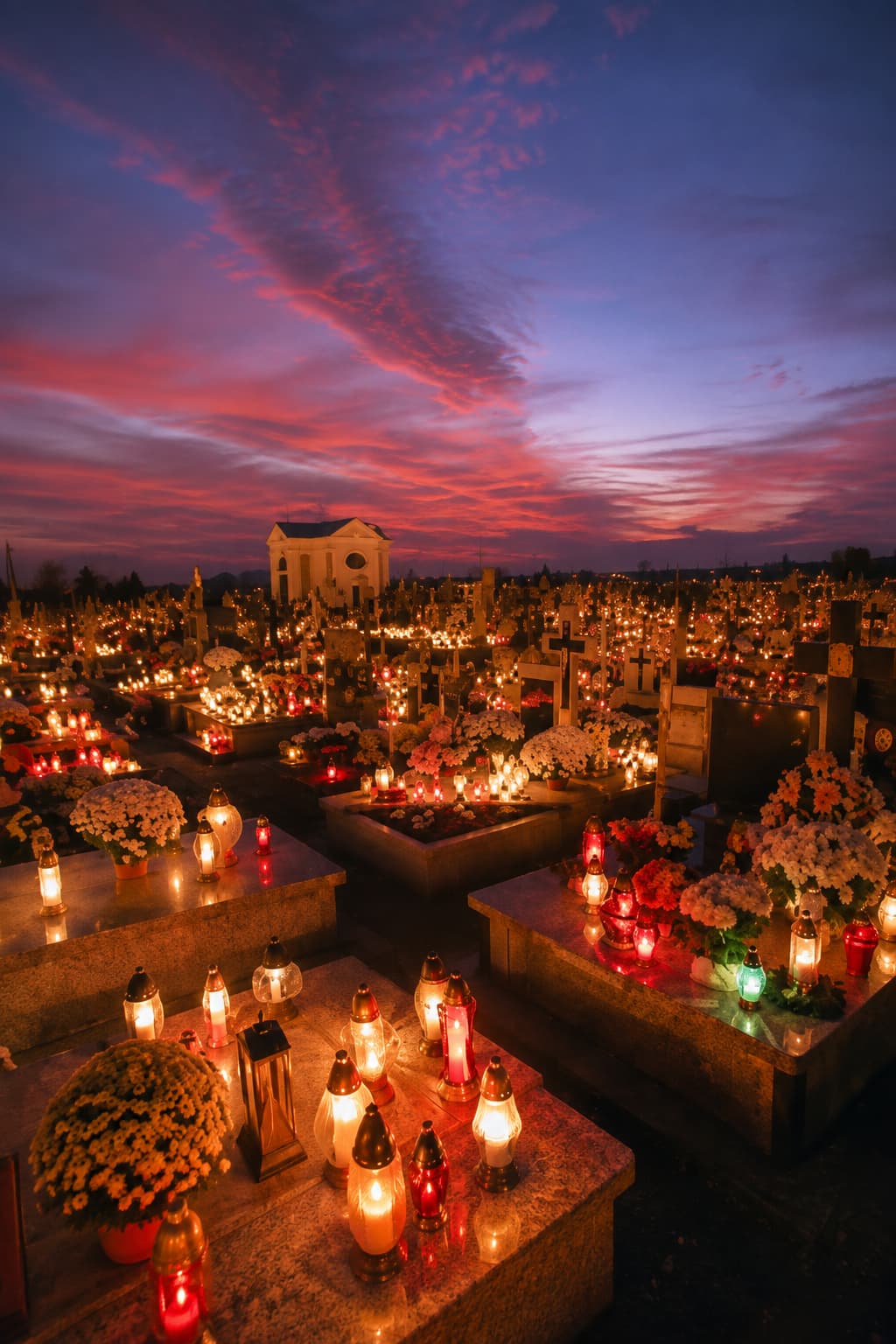 Polish cemetery on All Saints Day at sunset, thousands of glowing votive candles and chrysanthemum flowers covering the graves across the entire graveyard