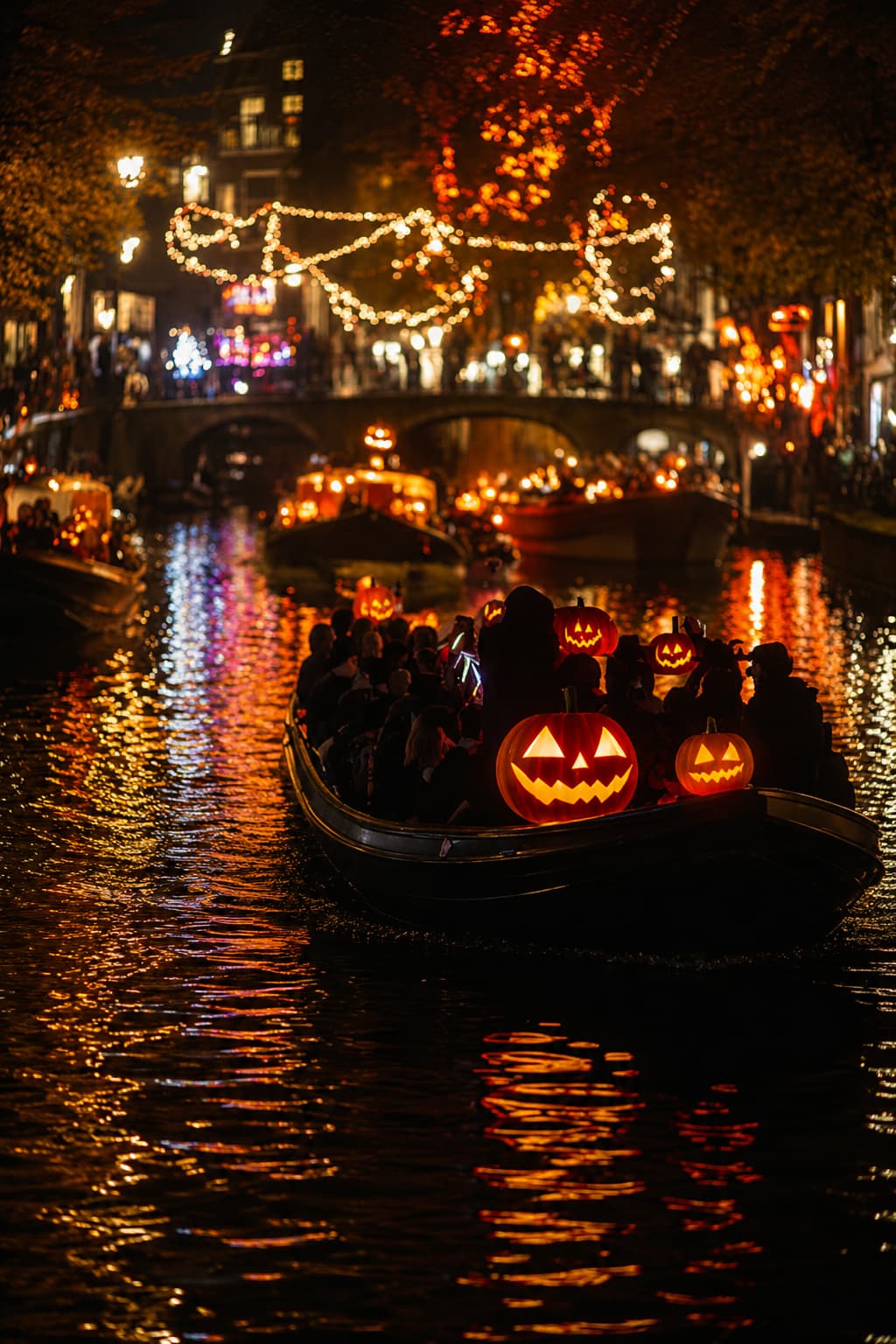 Halloween canal boat in Amsterdam at night loaded with glowing jack-o-lanterns, warm orange reflections on the water and lit bridges behind
