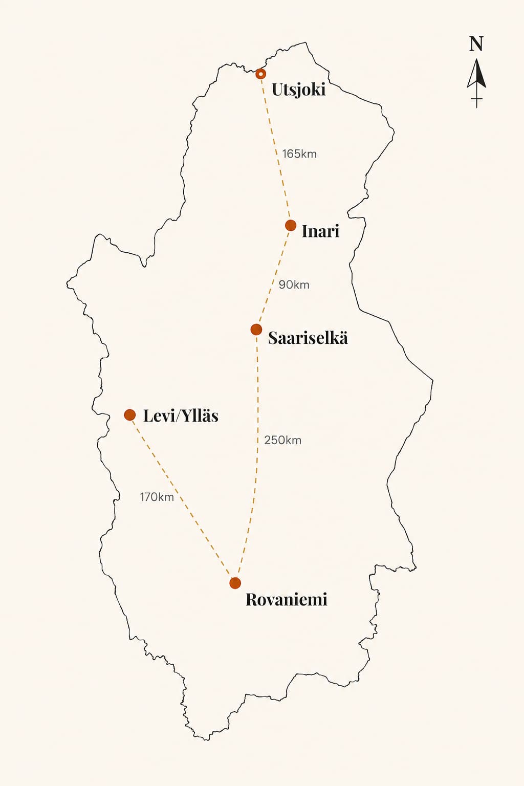 Editorial map showing where to stay in Lapland — Rovaniemi, Levi/Ylläs, Saariselkä, Inari and Utsjoki with driving distances