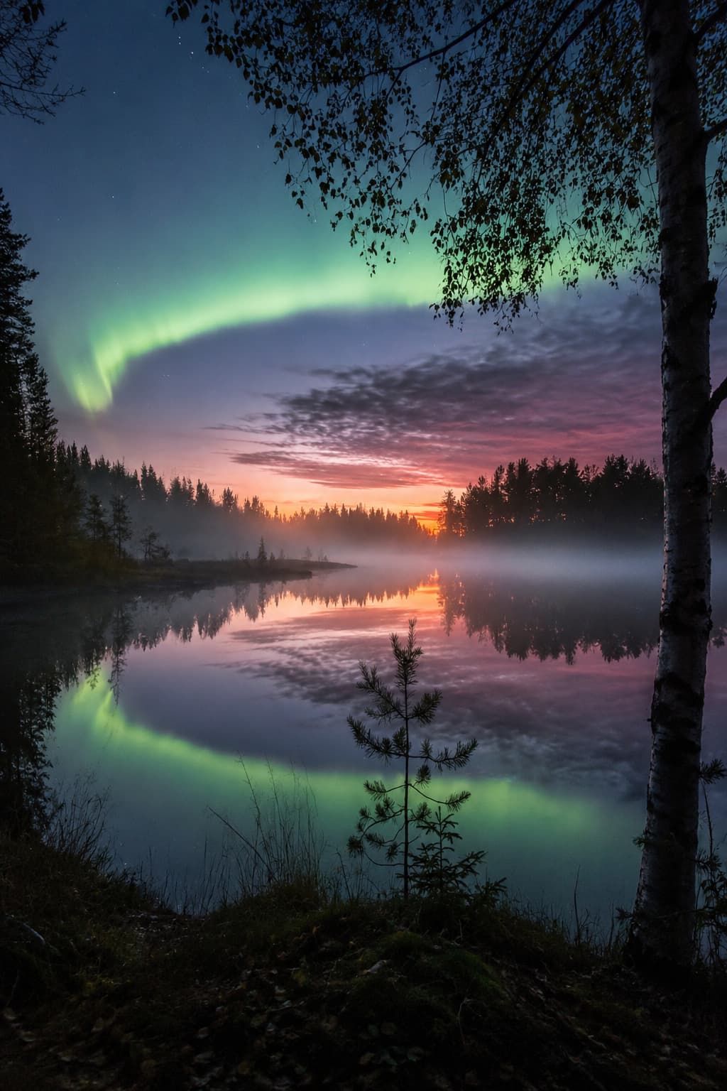 Aurora borealis reflected in a misty Finnish lake at twilight — northern lights viewing from a wilderness base in Lapland