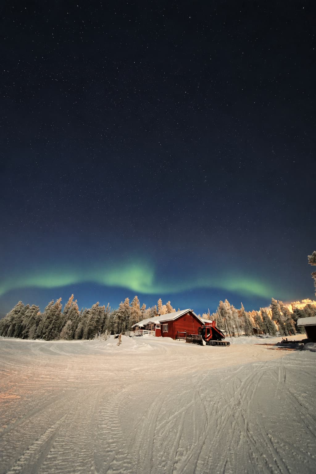 Northern lights over a red Finnish cabin in Lapland winter — the quiet, star-filled skies that make choosing where to stay in Lapland so important