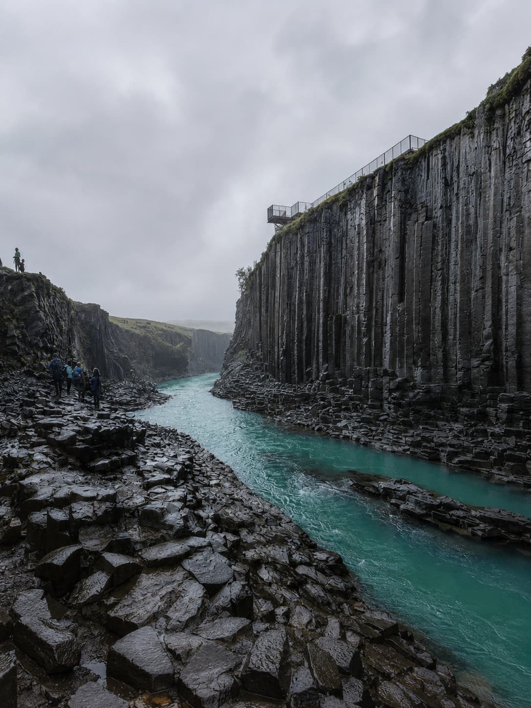 Stuðlagil Canyon in Iceland on a moody overcast day, with basalt column walls and a vivid turquoise glacial river cutting through dark volcanic rock