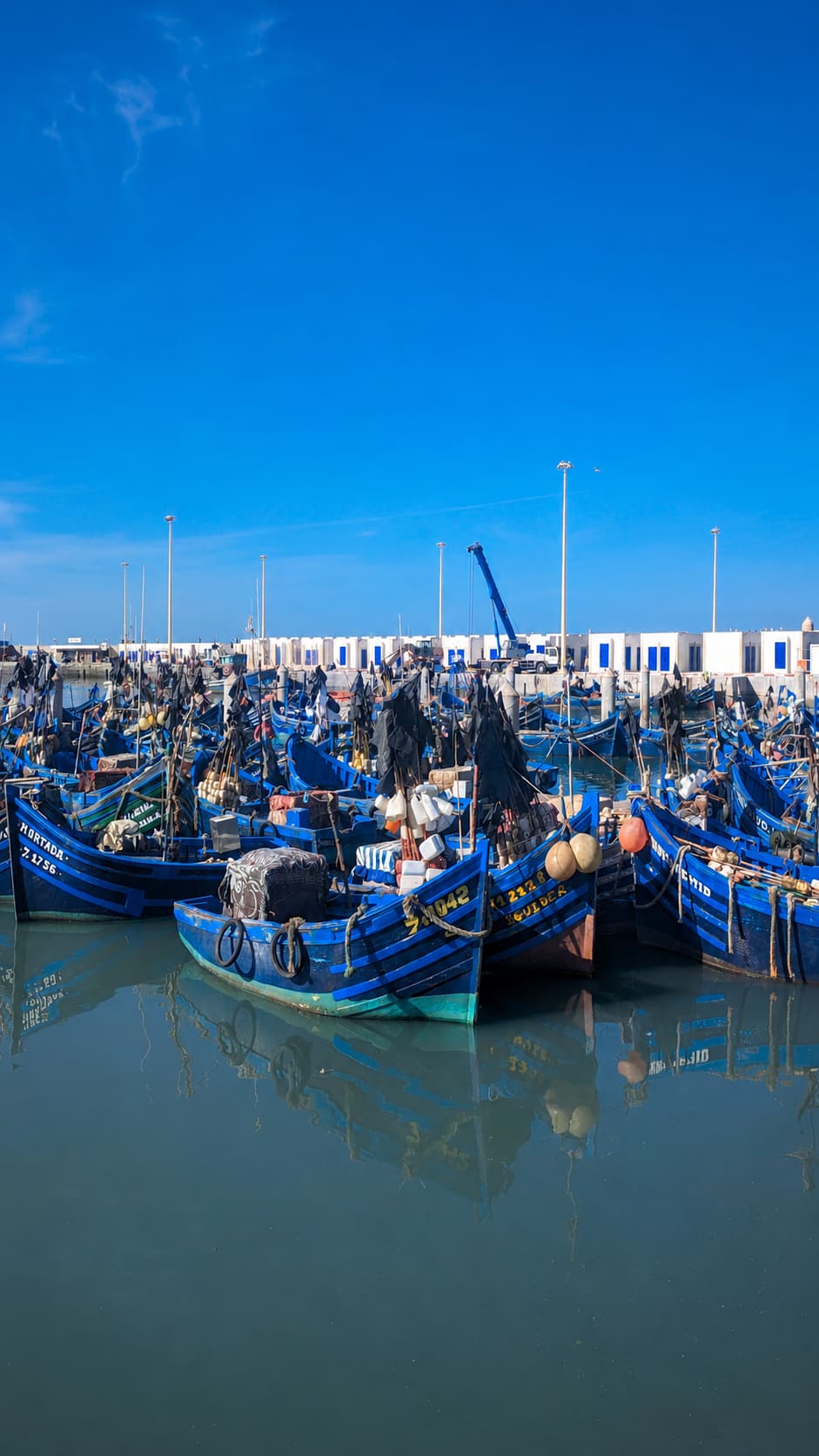 Blue fishing boats in Essaouira harbour — Morocco coast weather by month stays mild year-round