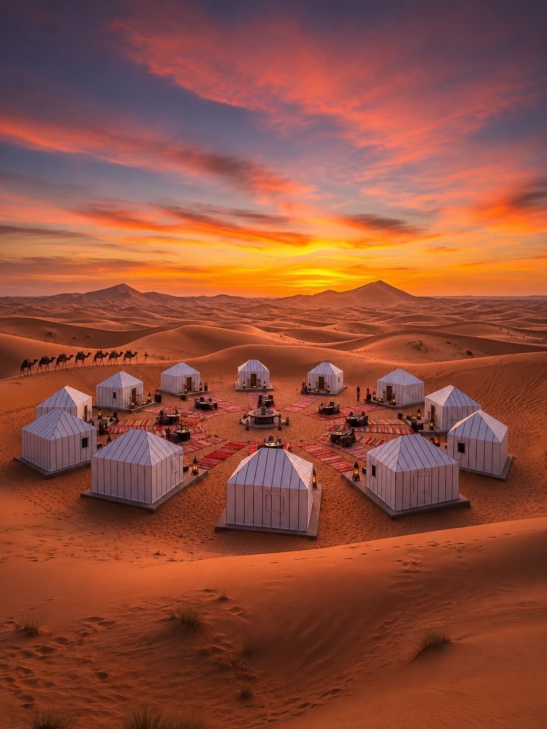 Luxury desert camp at sunset over Erg Chebbi dunes — Morocco weather by month in October is perfect for the Sahara