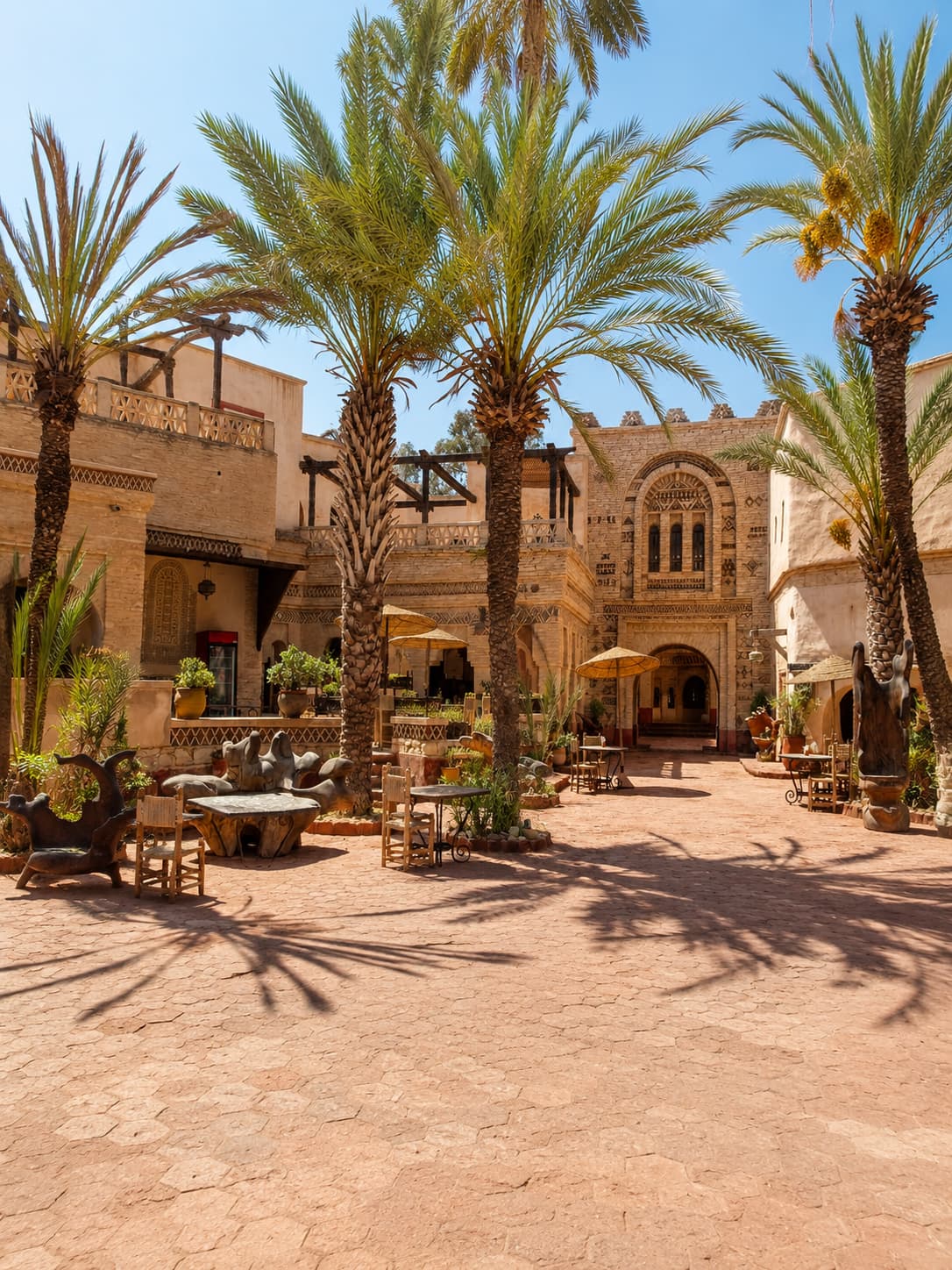 Kasbah courtyard with date palms casting shadows on red paving stones — the south is best avoided in the peak summer heat