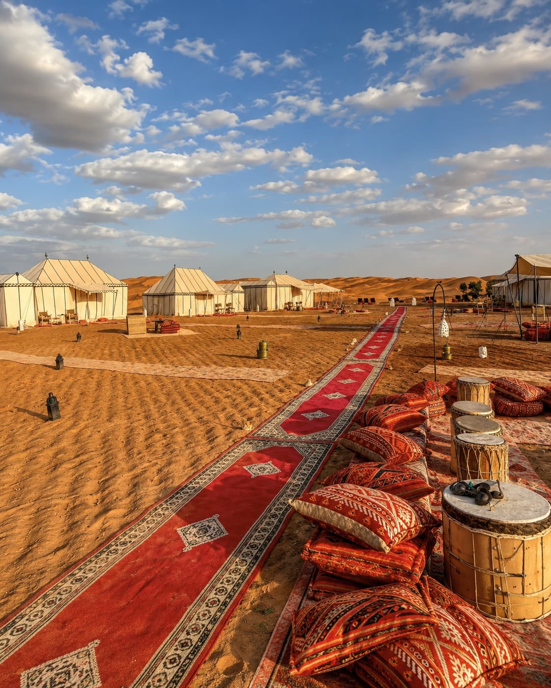 Sahara desert camp with red Berber rugs and striped tents at golden hour — the best season for the desert is October through March