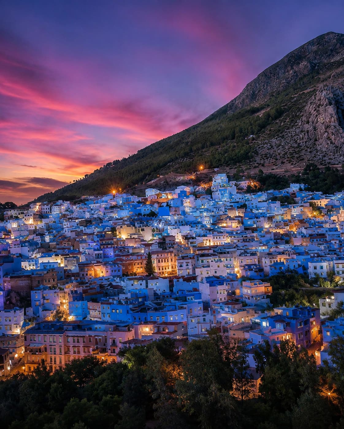 Chefchaouen blue-painted medina glowing at night under a deep purple and pink sunset sky
