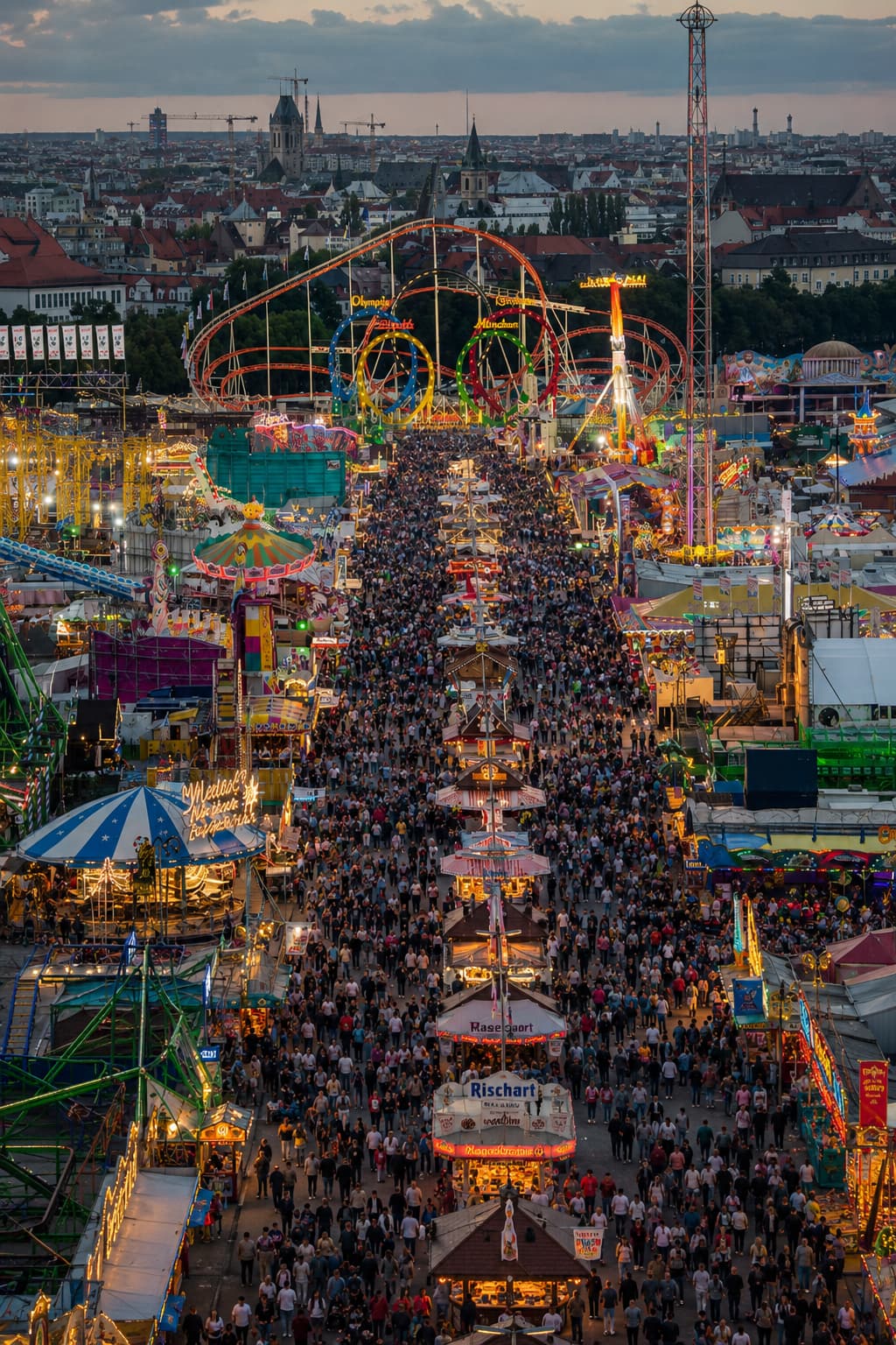 Night aerial view of the Oktoberfest Munich grounds at dusk showing the full fairground lit up with rides, stalls, and the Munich city skyline in the background