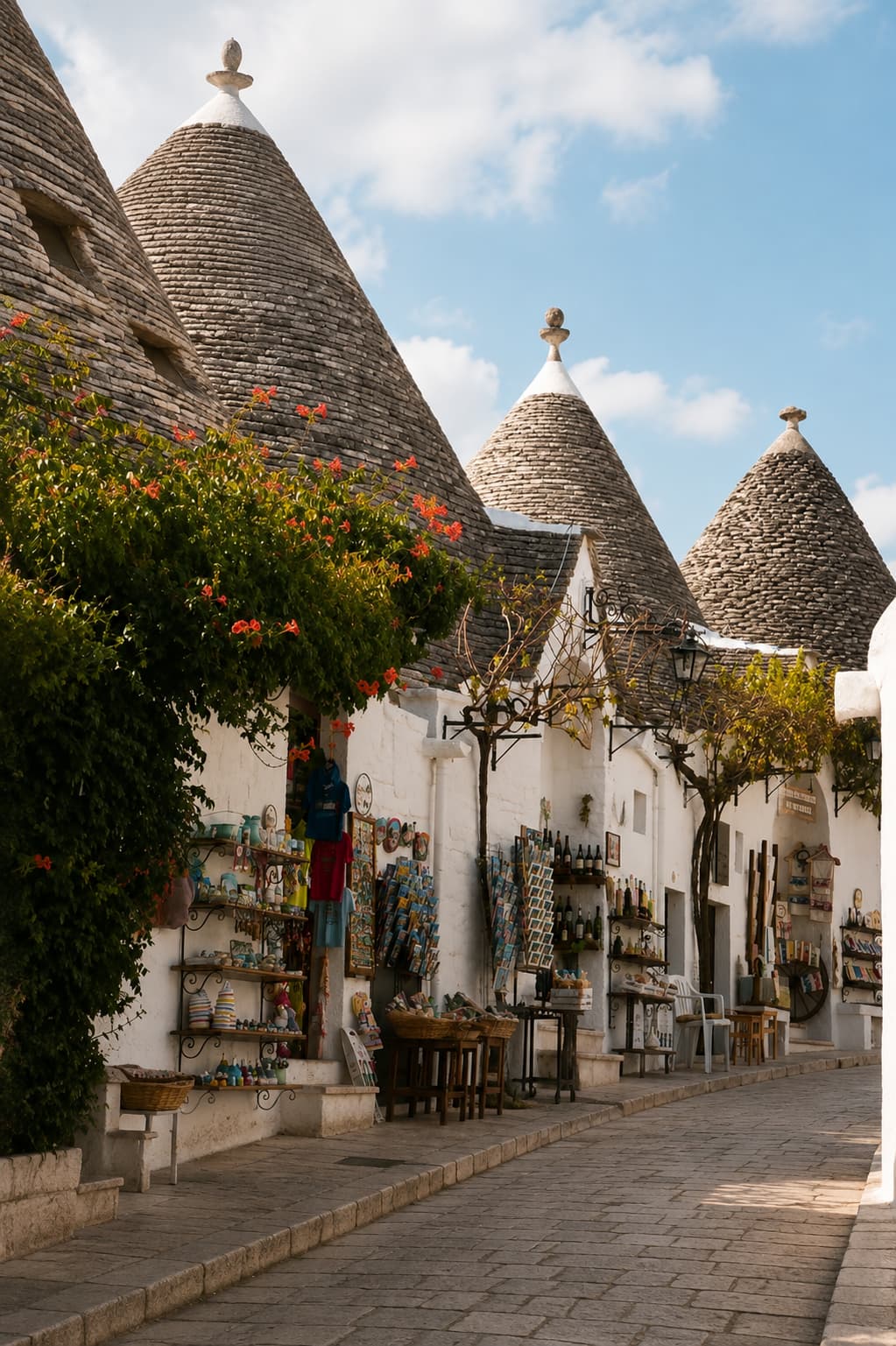 Trulli houses with conical stone roofs lining a cobblestone lane in Alberobello, Puglia, with flowering vines and local shop displays in autumn light