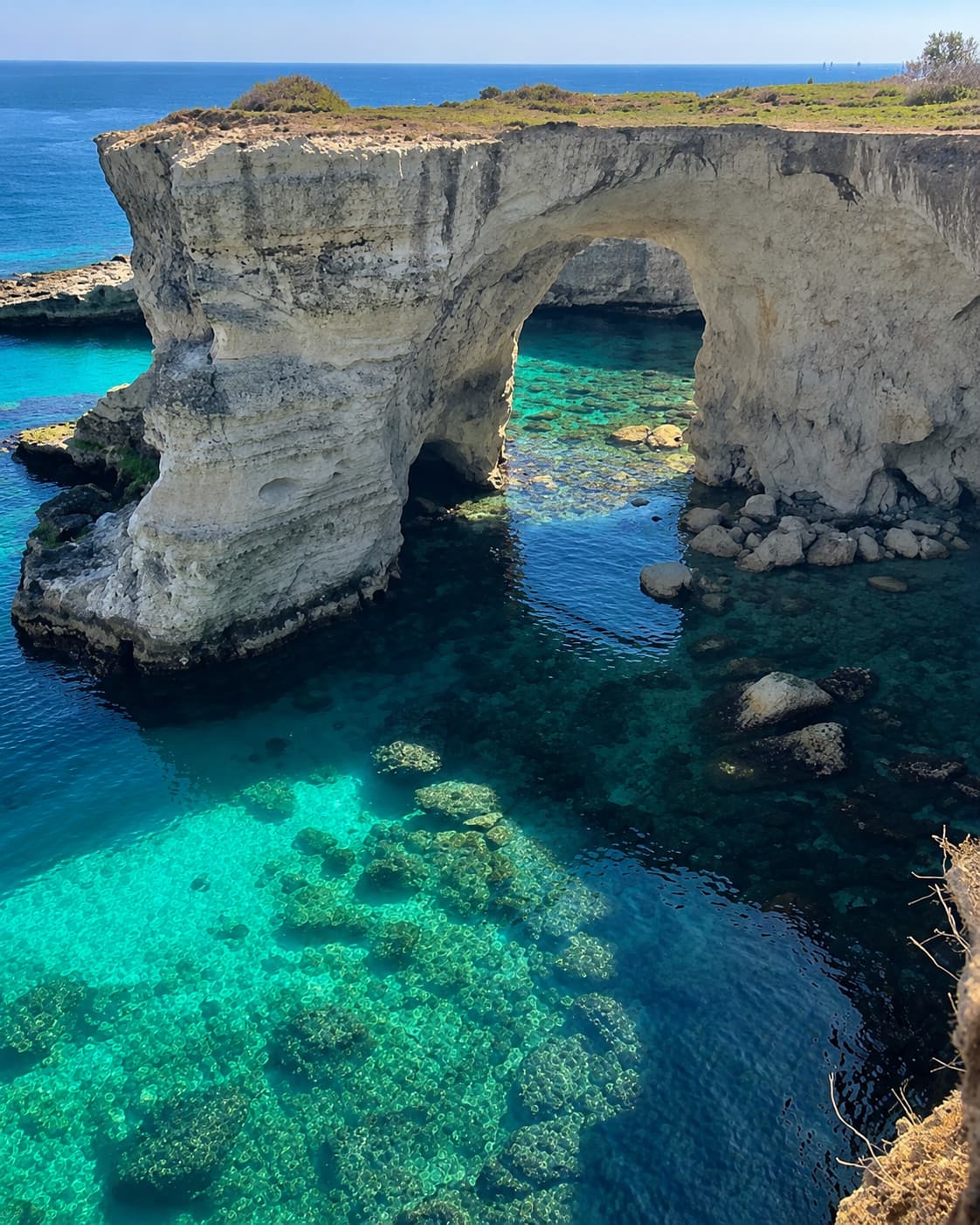 A natural limestone arch over crystal-clear turquoise water along the Puglia coast in autumn, sea stacks visible in the background