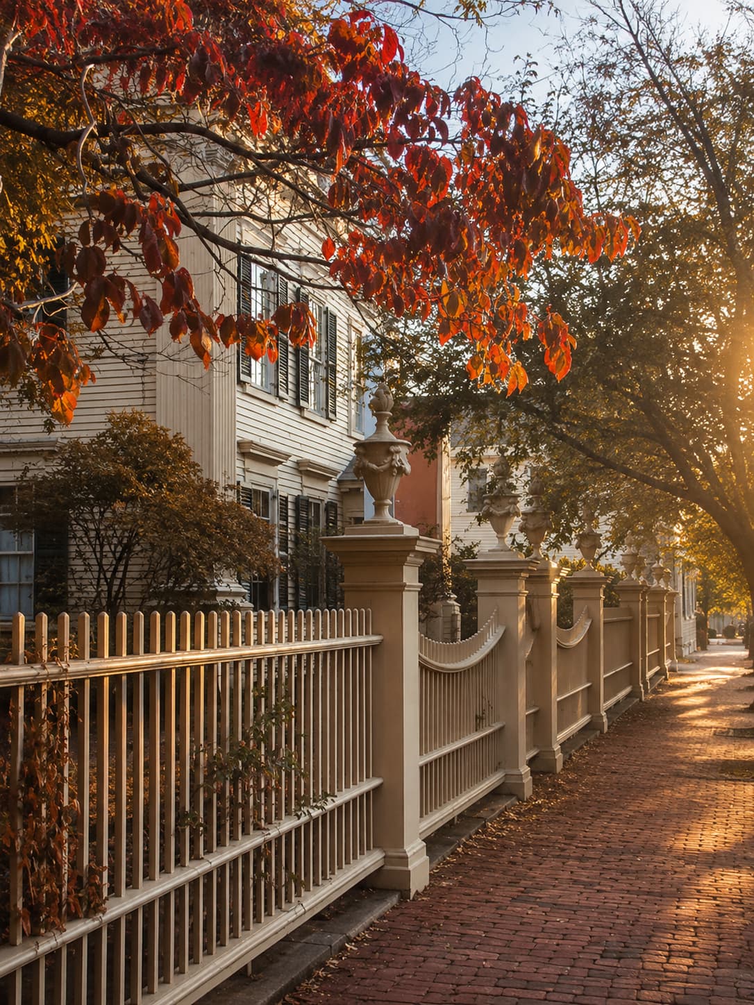 Visiting Salem in October — Federal-era fence and brick sidewalk along Chestnut Street in autumn golden light