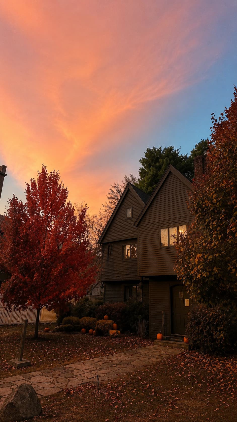 Visiting Salem in October at sunset — historic Salem house with autumn foliage and pumpkins, dramatic orange sky