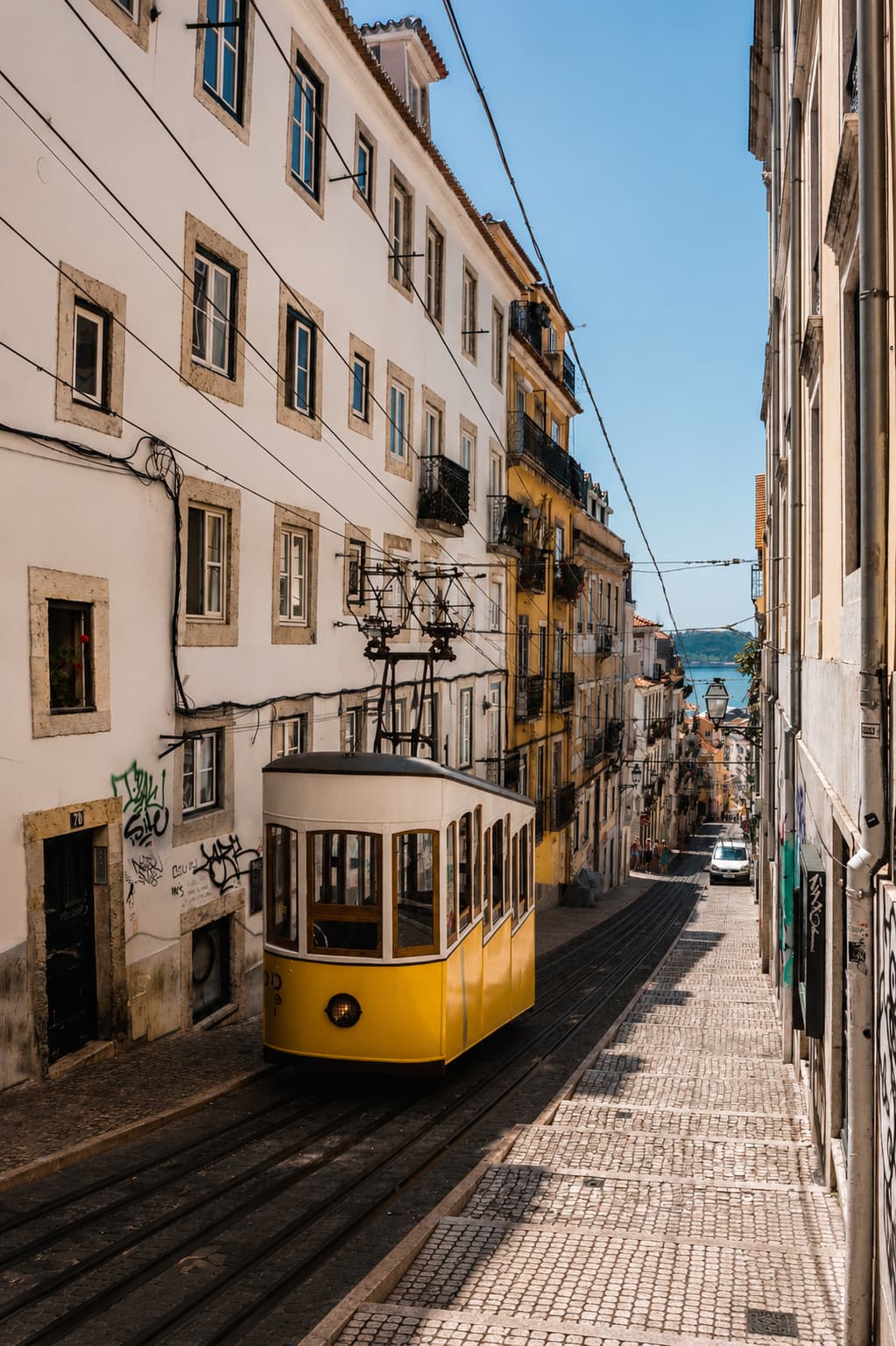 Yellow tram climbing a narrow cobblestone street in Lisbon with the Tagus river visible at the end — Lisbon is one of the most affordable Thanksgiving travel abroad destinations from the US East Coast