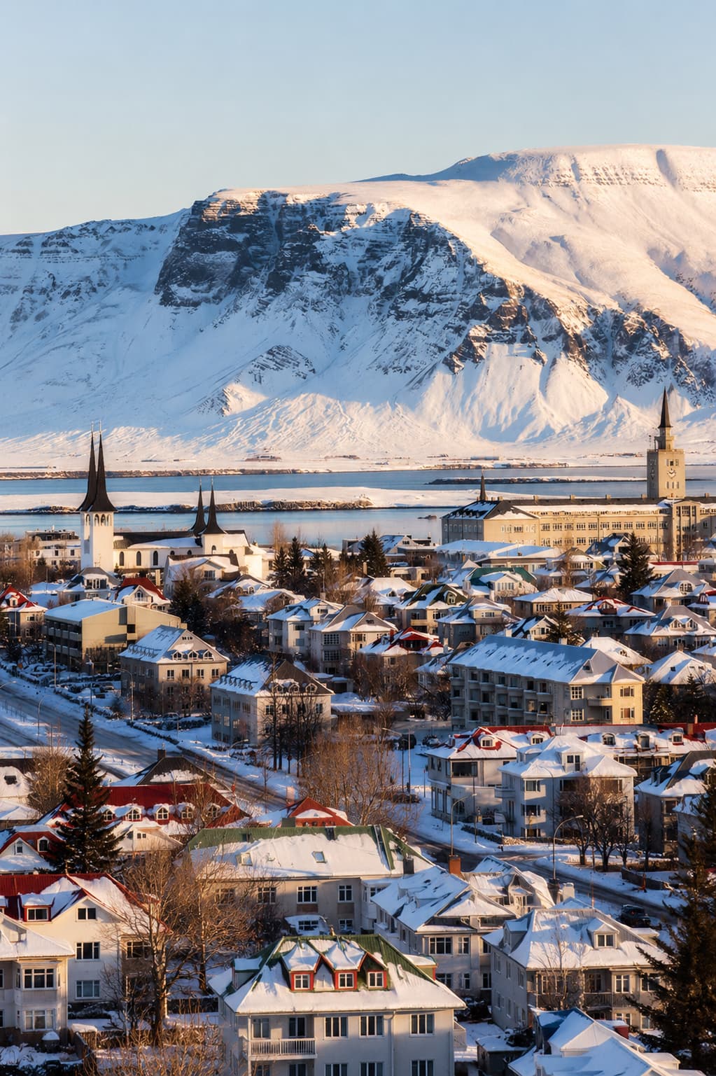 Reykjavik in winter with snow-covered colourful rooftops and a dramatic snow-capped mountain behind the city — late November is peak aurora season and direct flights run from multiple US cities