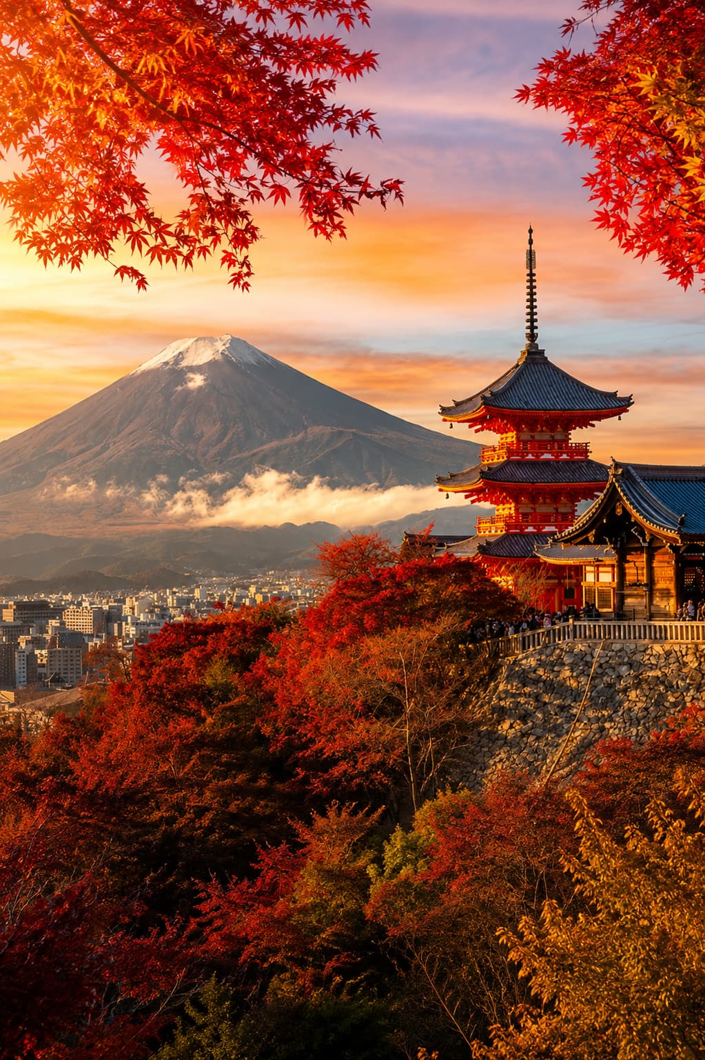 Japanese pagoda surrounded by vivid red autumn koyo foliage with Mount Fuji at sunset — Japan in late November is a long-haul Thanksgiving travel abroad option for West Coast travelers