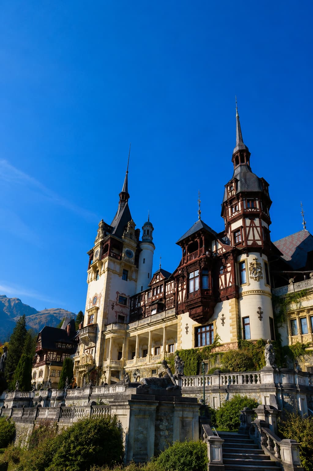Peleș Castle in Sinaia — ornate German-Renaissance twin spires and timber-framed upper floors against a deep blue Carpathian sky, a key stop on a Transylvania itinerary from Bucharest